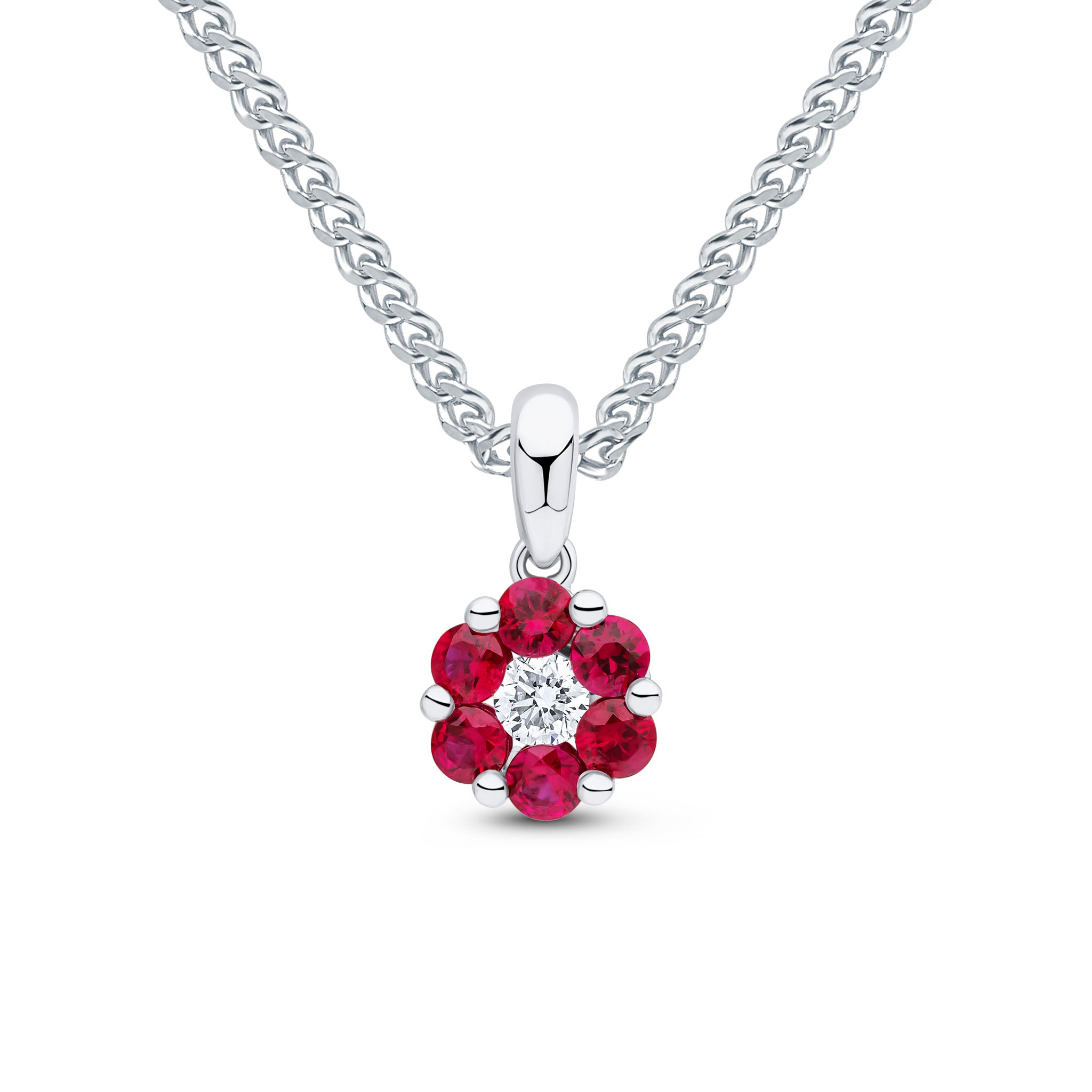 18ct White Gold Round Ruby and Diamond Claw Set Reverse Cluster Pendant with Plain Loop Top