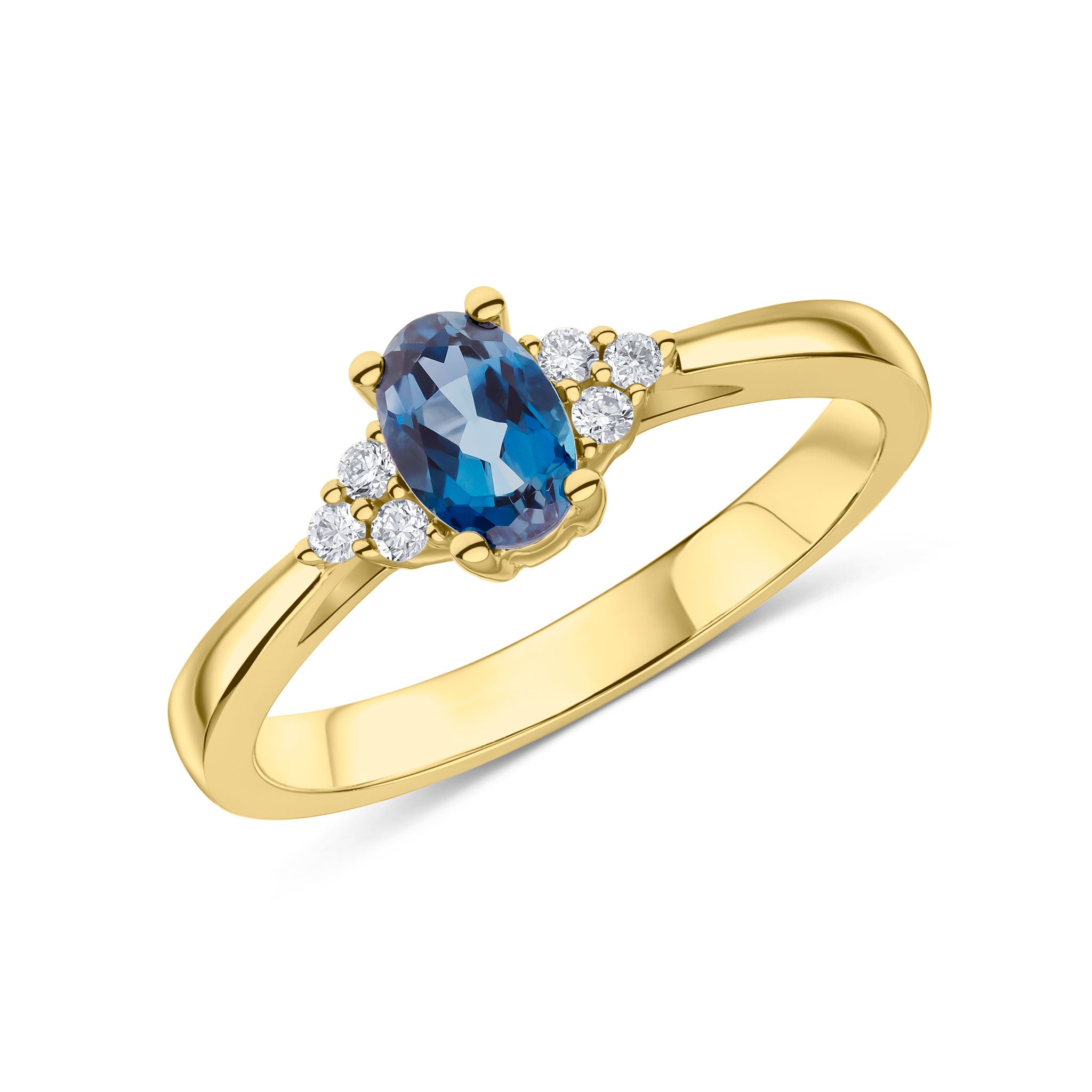 9CT YWG 6X4 OVAL LONDON BLUE TOPAZ AND ROUND DIAMOND TREFOIL SHOULDERS RING 1