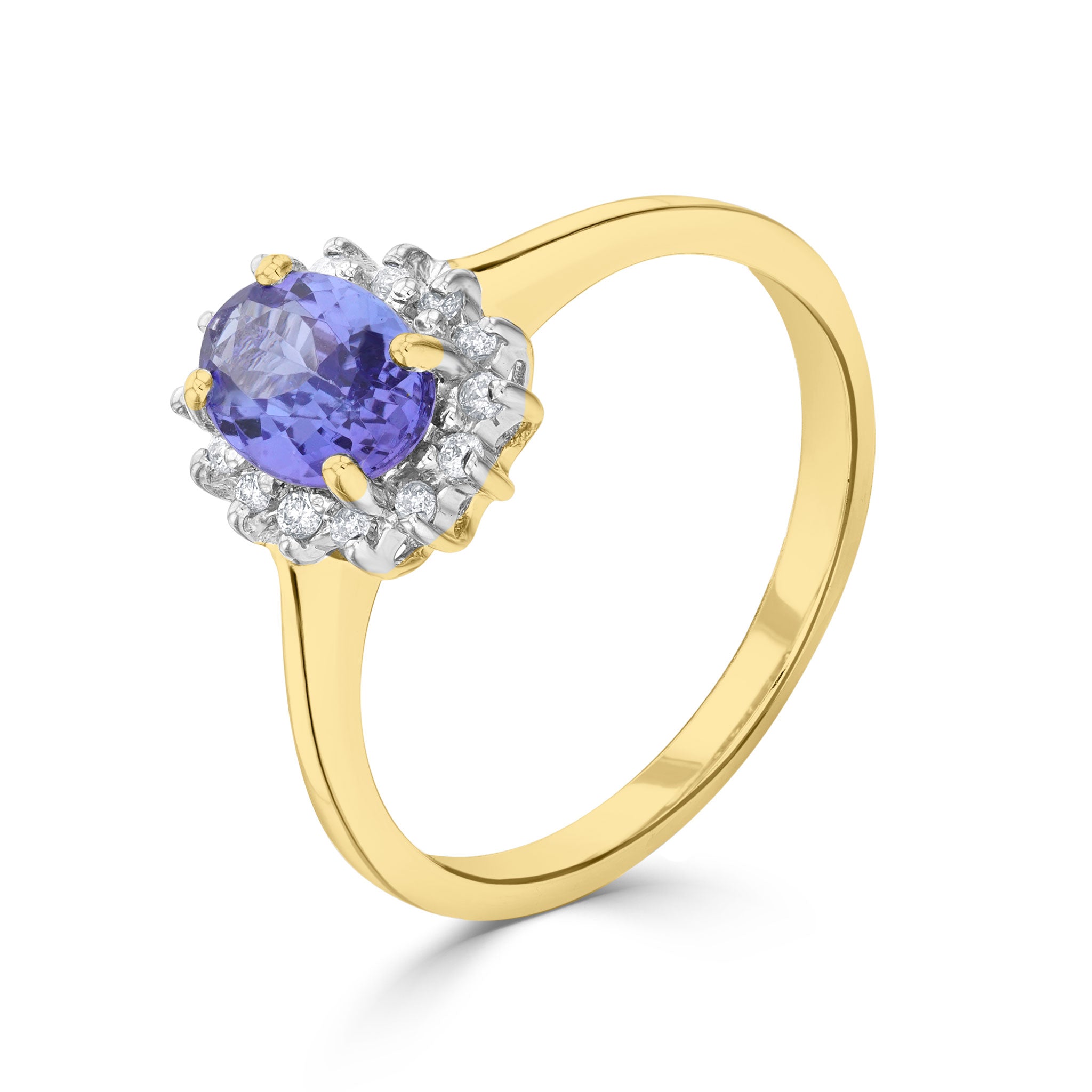 9CT YG 7X5 OVAL TANZANITE & DIAMOND CLAW CLUSTER RING. RHOIUM TO DIAMONDS 1