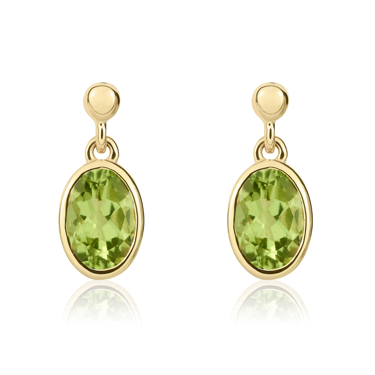 9ct Yellow Gold 7x5mm Oval Peridot Rubover Drop Earrings with Bead Top