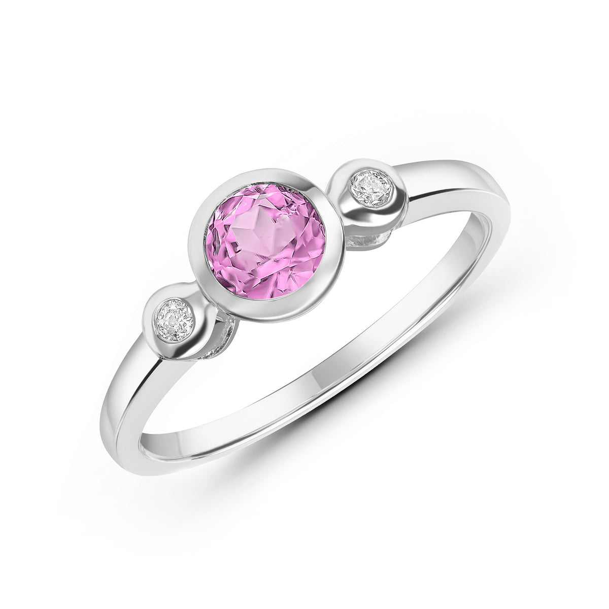 9ct White Gold 5mm Round Pink Sapphire and Diamond 3 Stone Rubover Ring Stone Shortage So Can't Order