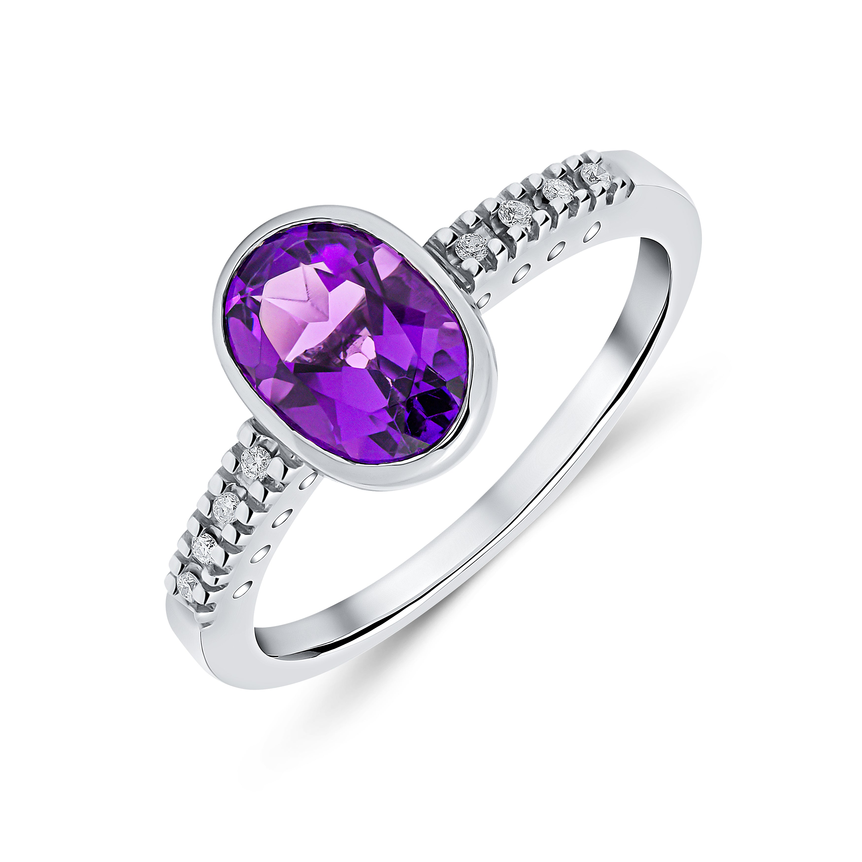 9CT WG RUBOVER 8X6 OVAL AMETHYST SINGLE STONE RING WITH CLAW SET DIAMOND SHOULDERS 1
