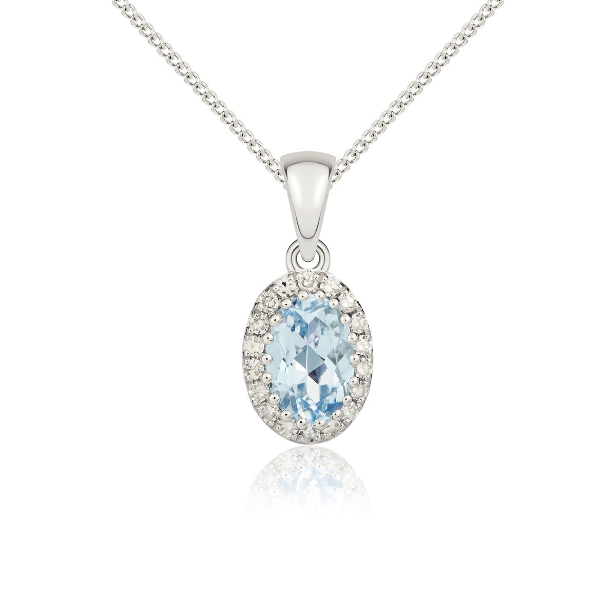 9ct White Gold Oval Aquamarine and Diamond Claw Cluster Pendant