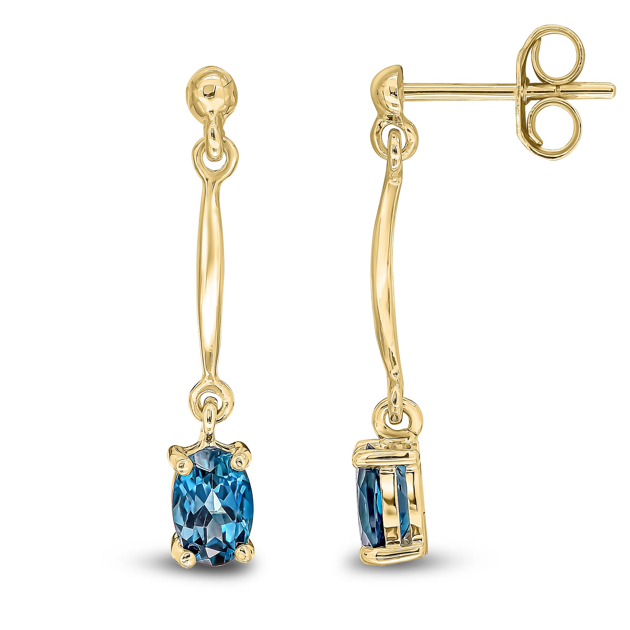9ct Yellow Gold Claw Set 6x4mm Oval London Blue Topaz and Bar Drop Earrings