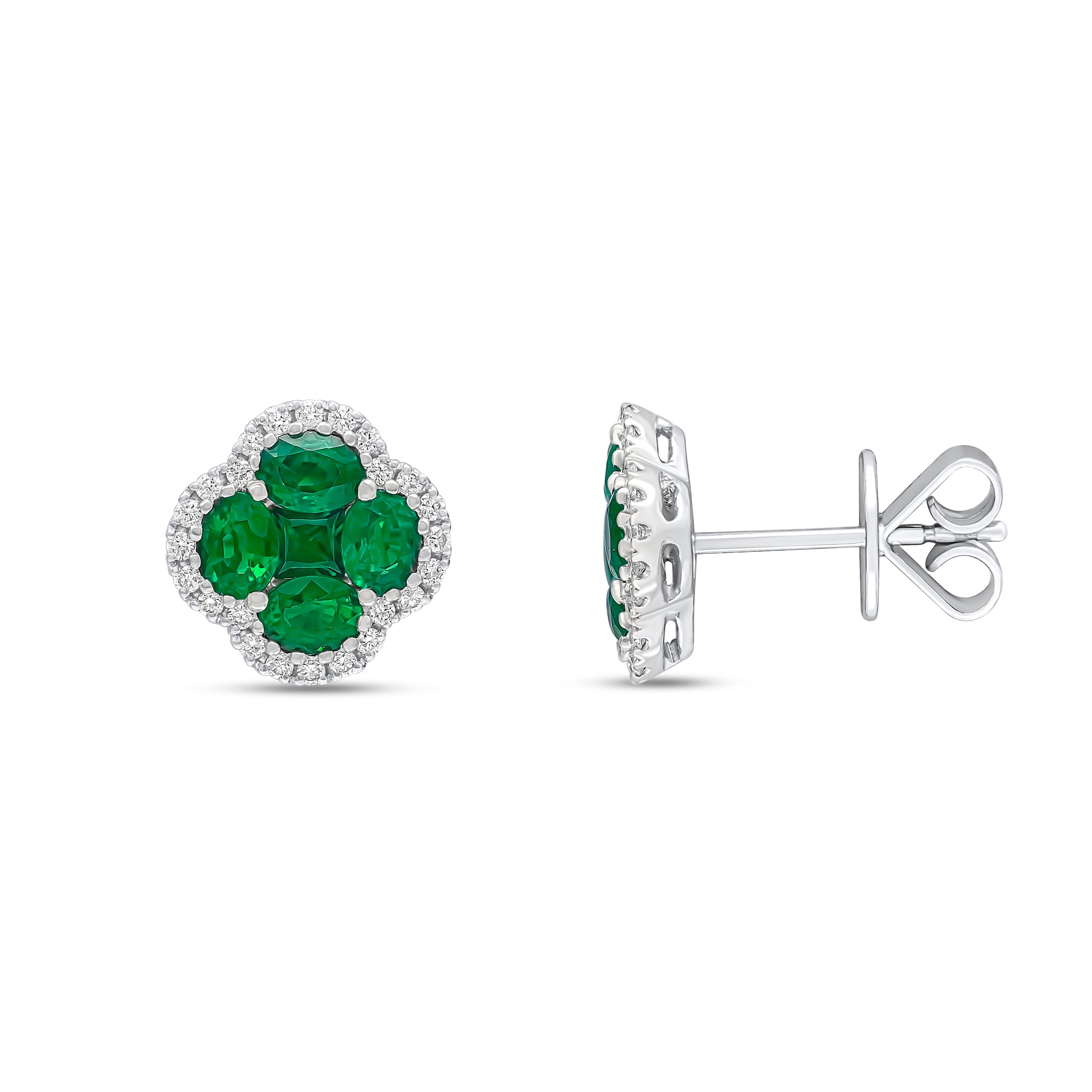 18ct White Gold Oval and Square Emerald and Round Diamond Quatrefoil Cluster Earrings