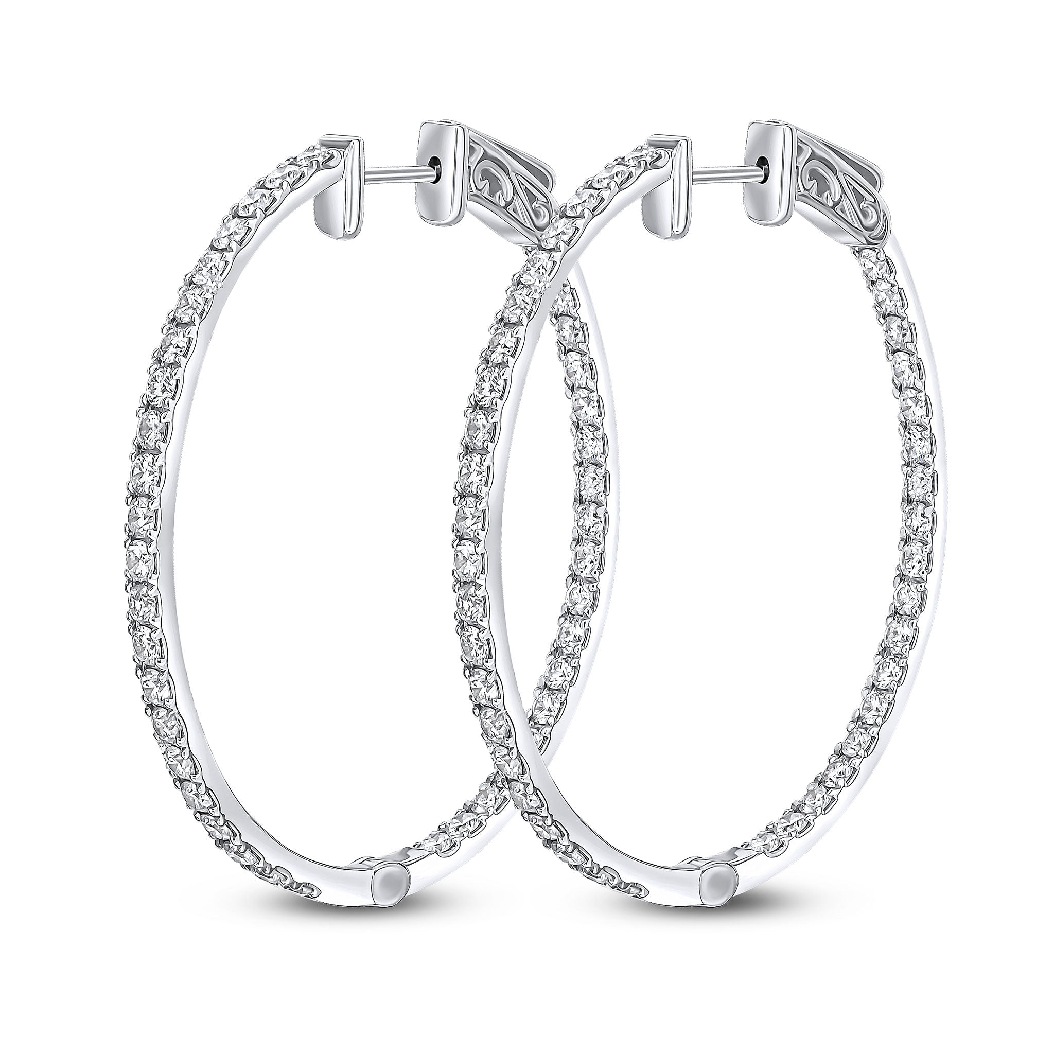 18ct White Gold Round Diamond Claw Set Oval Full Hoop Earrings 2.61ct