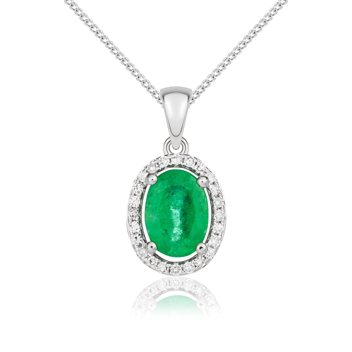 9ct White Gold 7x5mm Oval Emerald and Diamond Halo Cluster Pendant