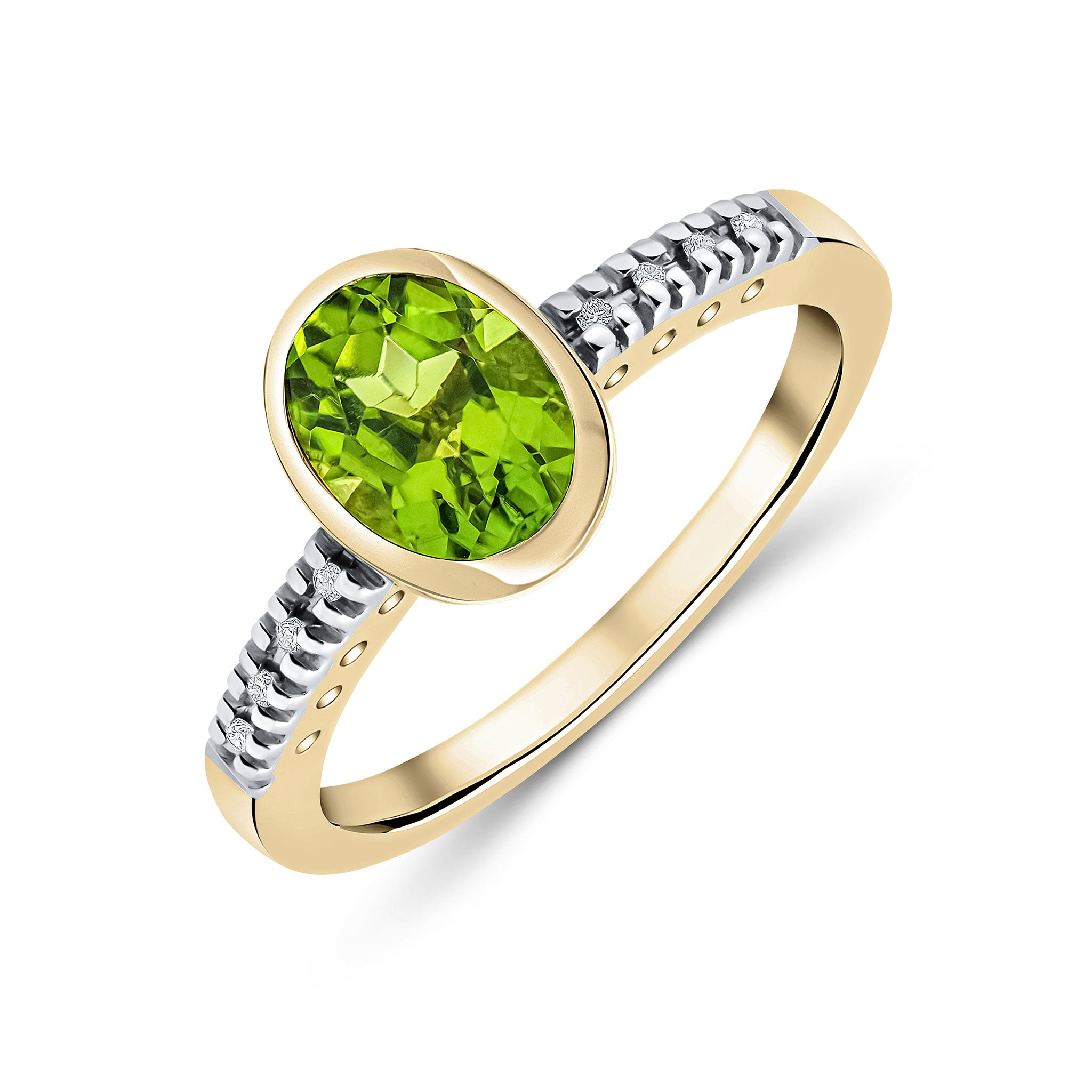 9CT YG RUBOVER 8X6 OVAL PERIDOT SINGLE STONE RING WITH CLAW SET DIAMOND SHOULDERS. RHODIUM TO DIAMONDS 1