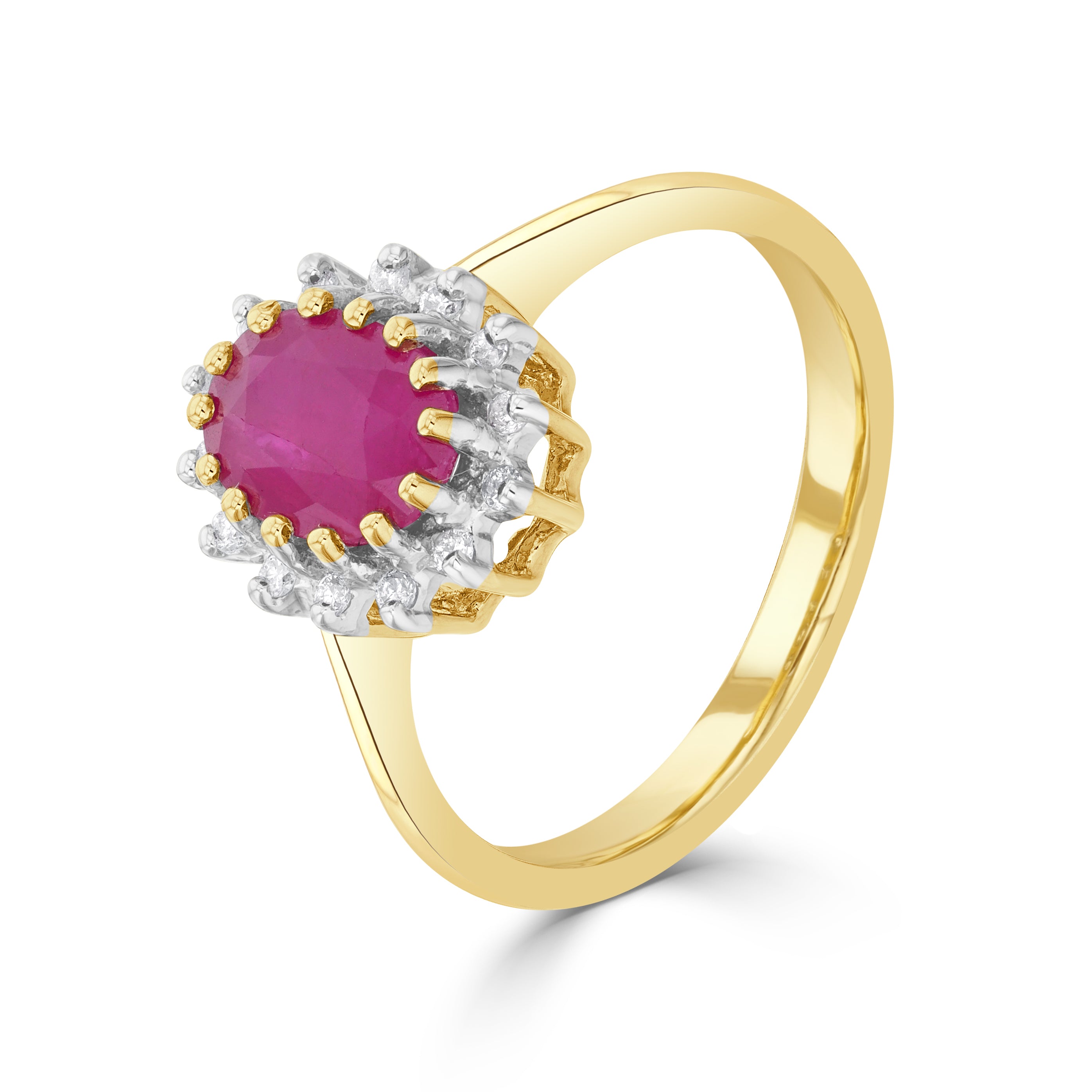 9ct Yellow Gold 8x6 Oval Ruby & Diamond Claw Set Cluster Ring Rhodium to Diamonds