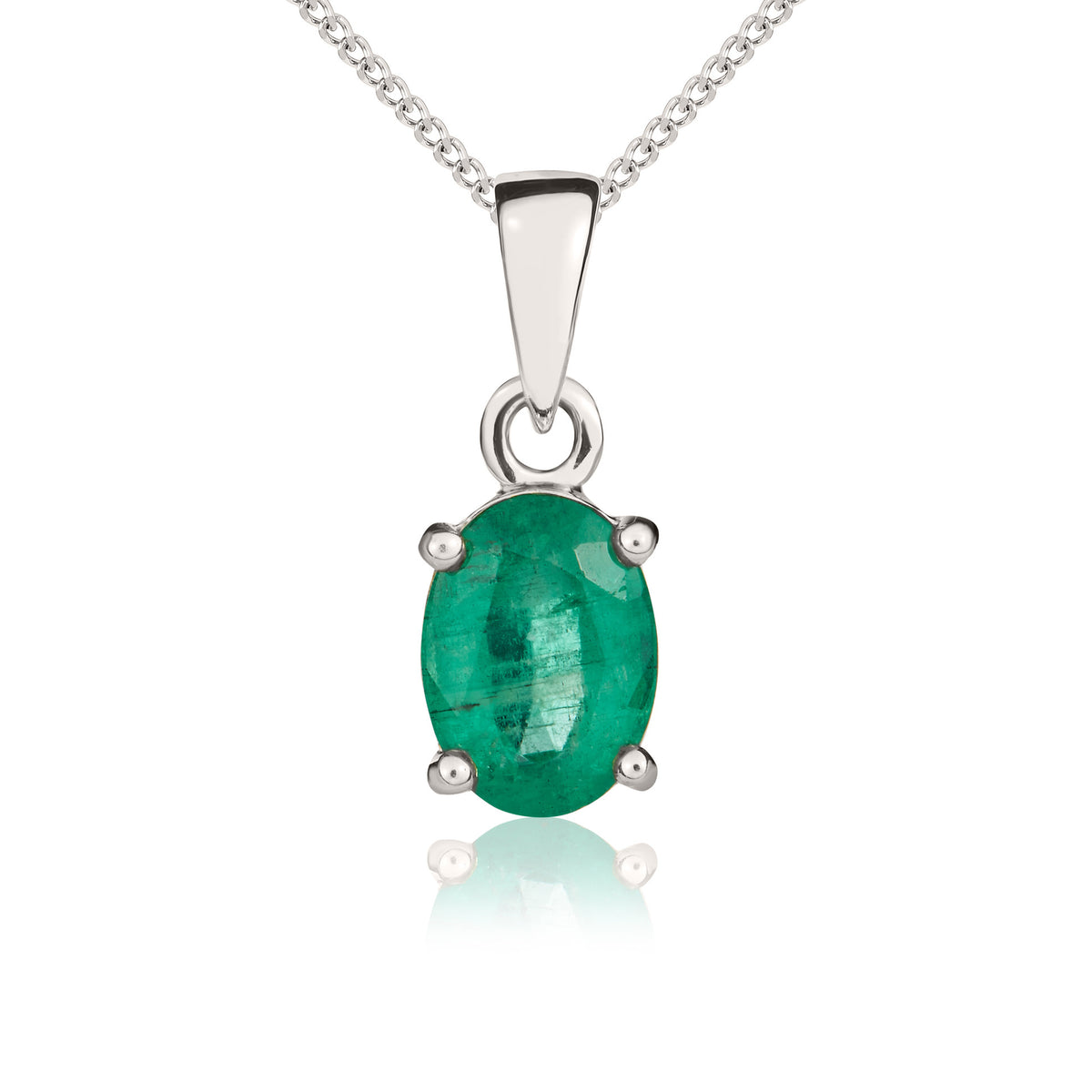 9ct White Gold Oval Emerald Claw Pendant