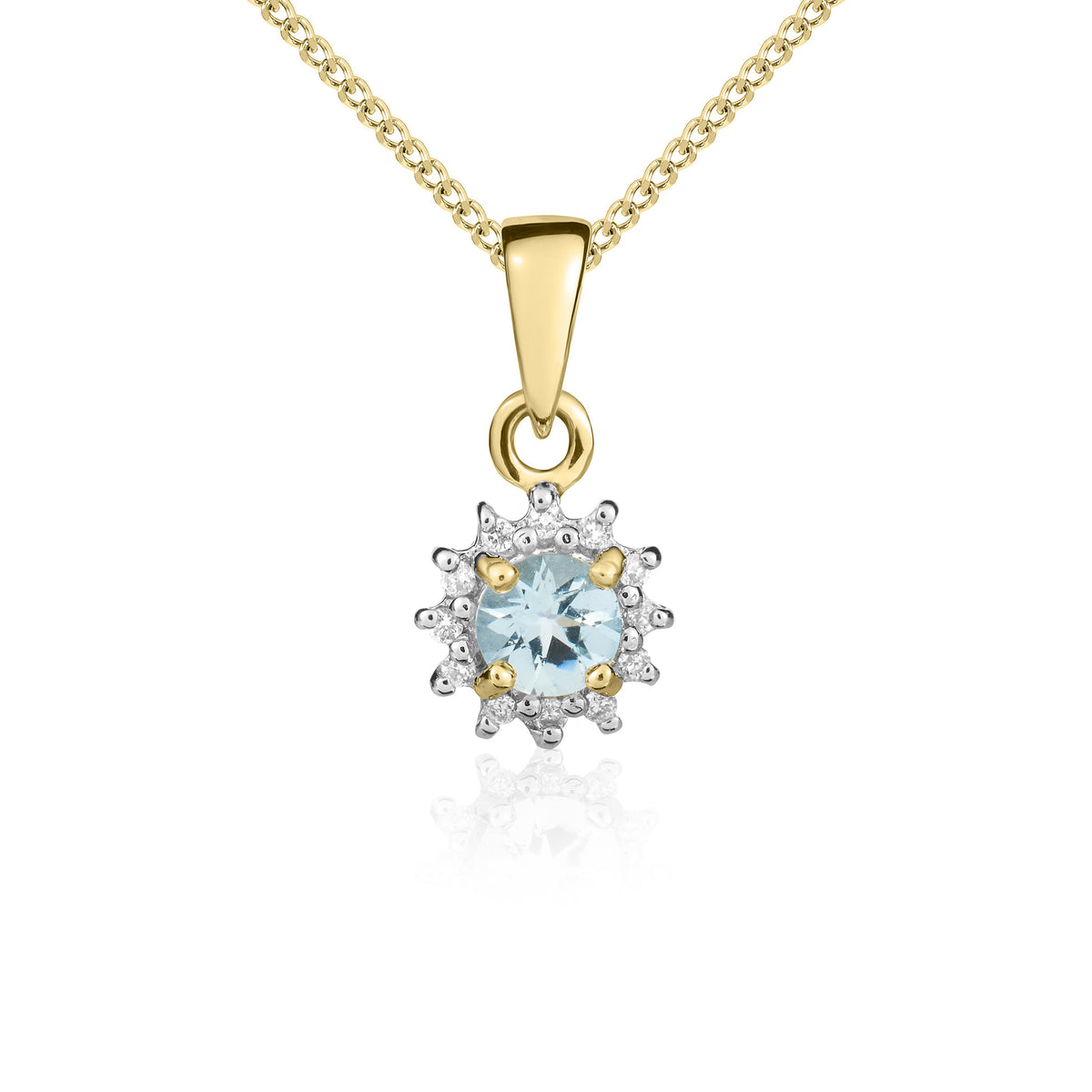 9ct Yellow Gold Round 4mm Aquamarine & Diamond Cluster Claw Pendant