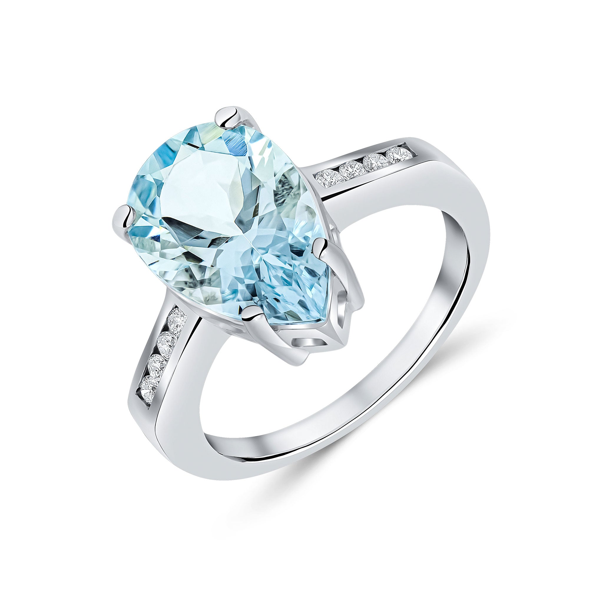 9ct White Gold 14x9 Pear Shape Aquamarine Single Stone Ring with Channel Set Diamond Shoulders