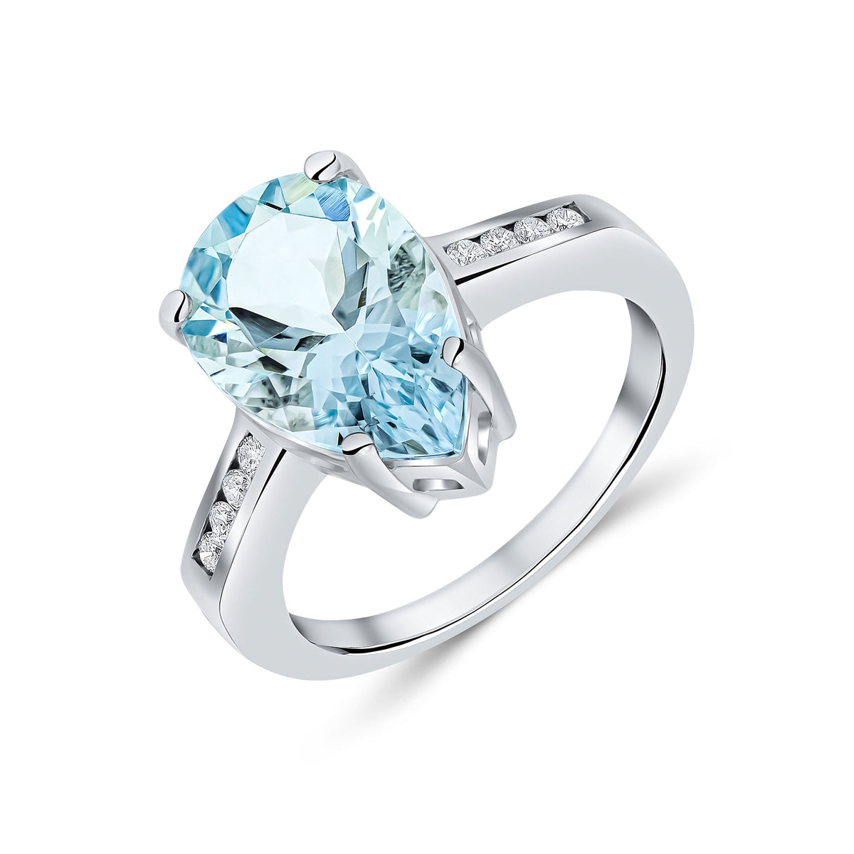 9ct White Gold 14x9 Pear Shape Aquamarine Single Stone Ring with Channel Set Diamond Shoulders