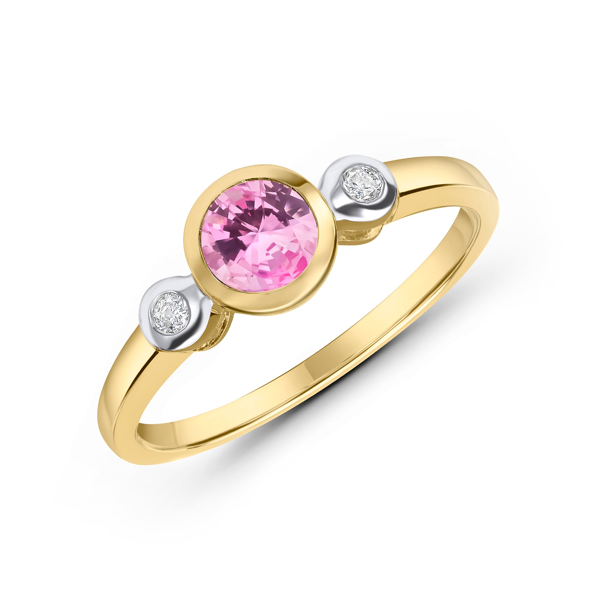 9ct Yellow Gold 5mm Round Pink Tourmaline and Diamond Rubover 3 Stone Ring Rhodium to Diamonds