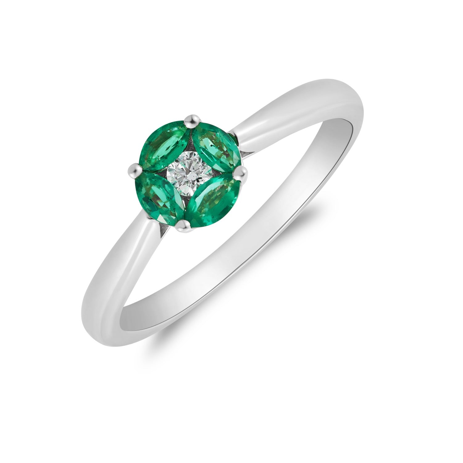 18ct White Gold Marquise Emerald & Round Diamond Cluster Ring Tapered Shank