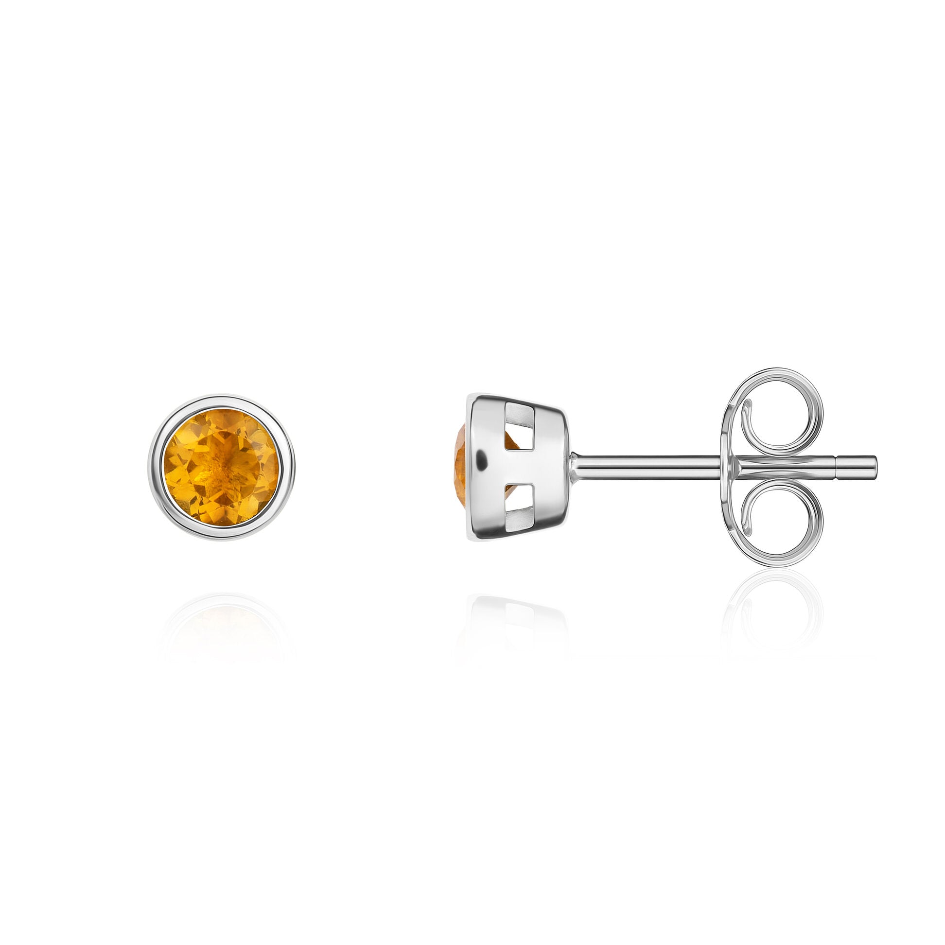 9ct White Gold 3mm Round Citrine Rubover Stud Earrings