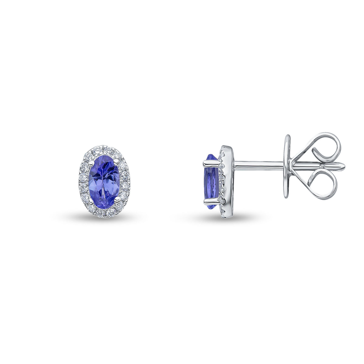 18ct White Gold 5x3 Oval Tanzanite and Diamond Claw Cluster Earrings