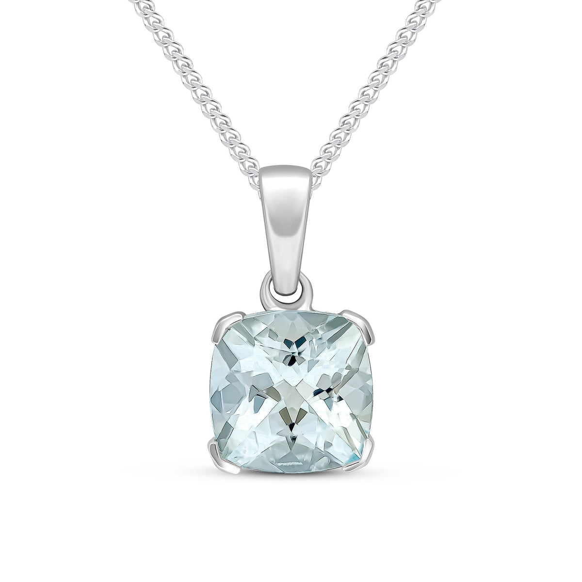9ct White Gold 8mm Cushion Aquamarine Claw Set Pendant