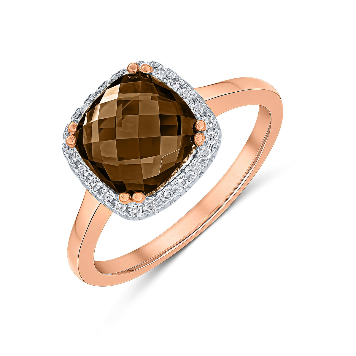 9ct Rose Gold 8mm Checkerboard Cut Cushion Smoky Quartz and Round Diamond Claw Set Cluster Ring
