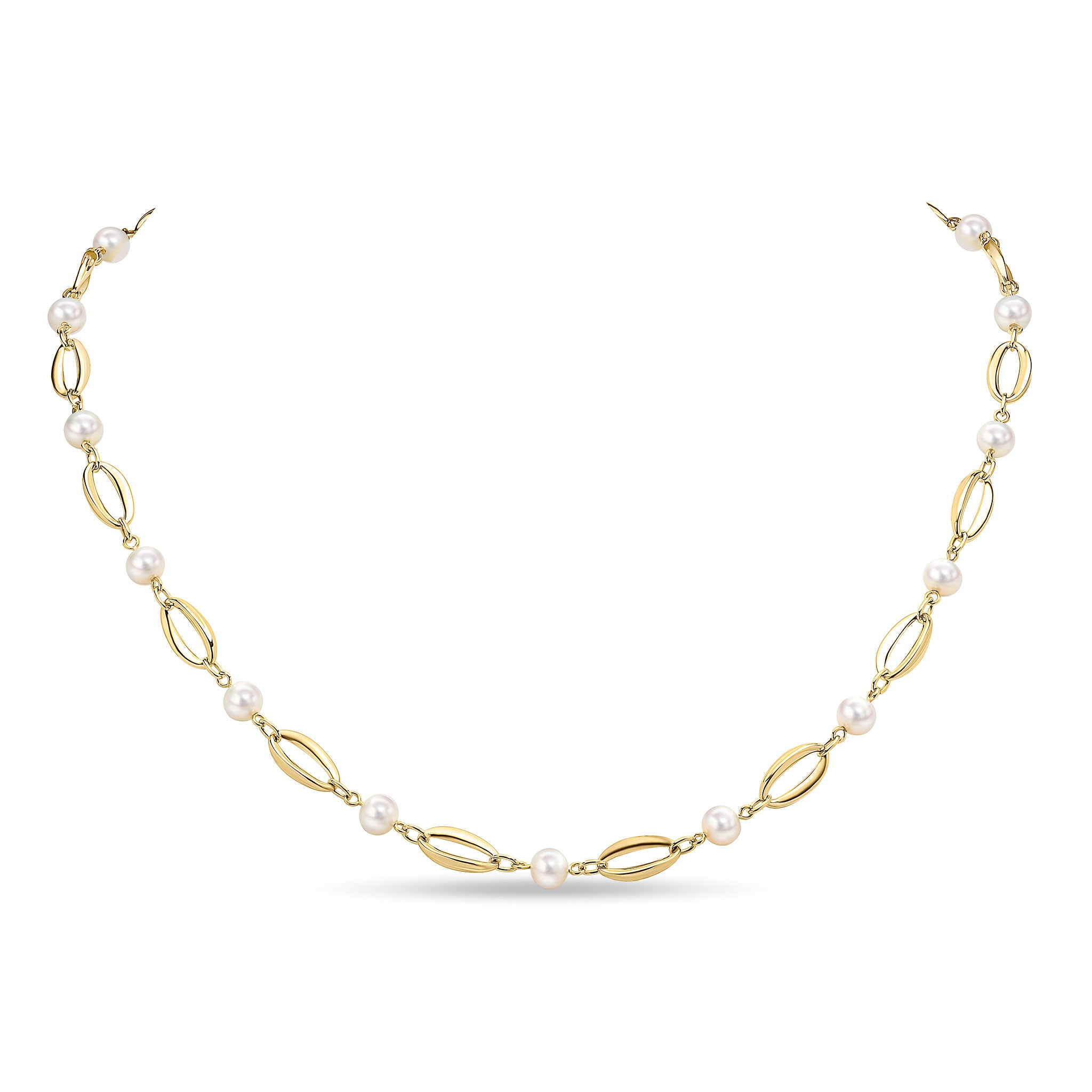 9ct Yellow Gold F W Prl & Gold Ovals Necklace 18"