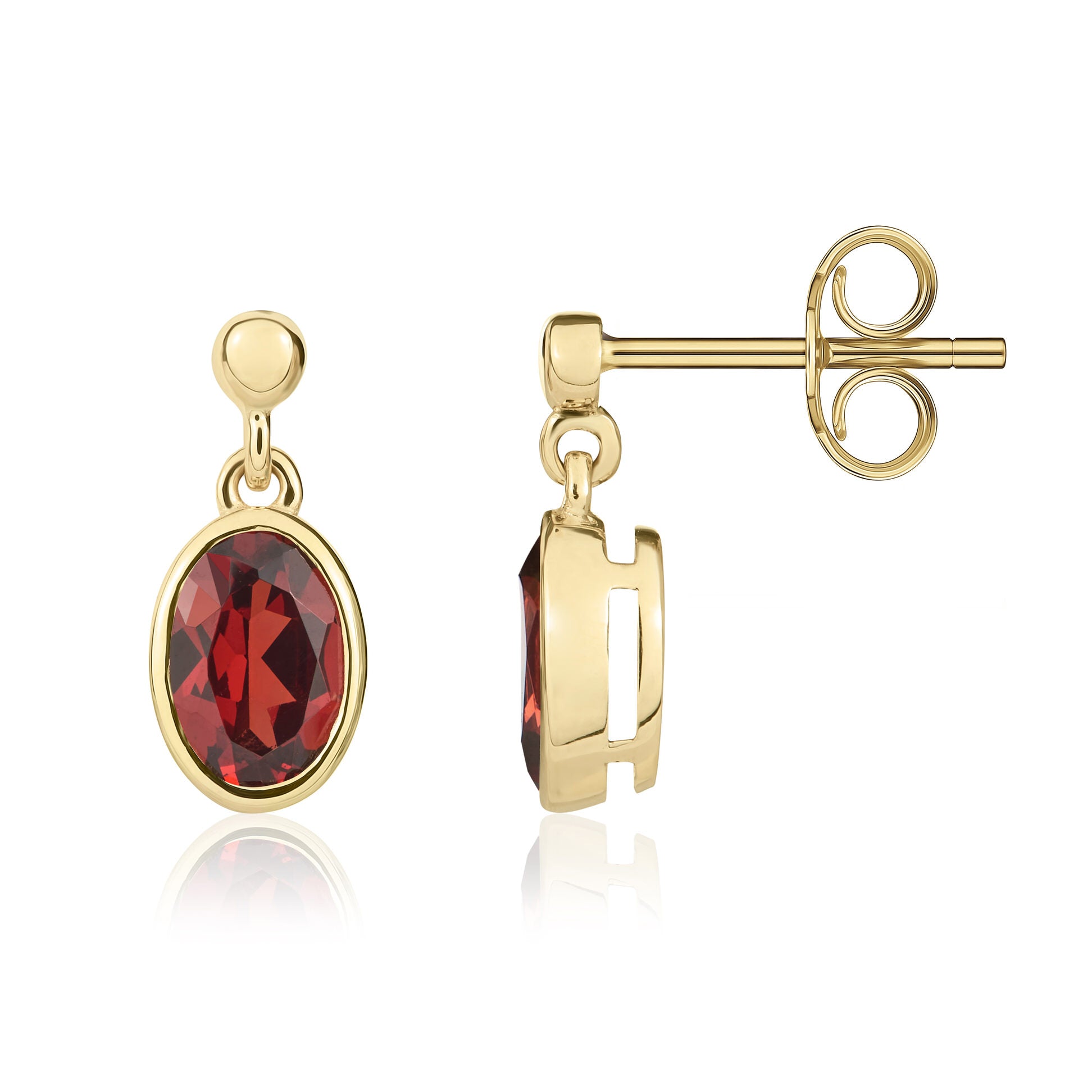 9ct yellow gold 7 x 5mm oval garnet rubover Drop Earrings With Bead Top