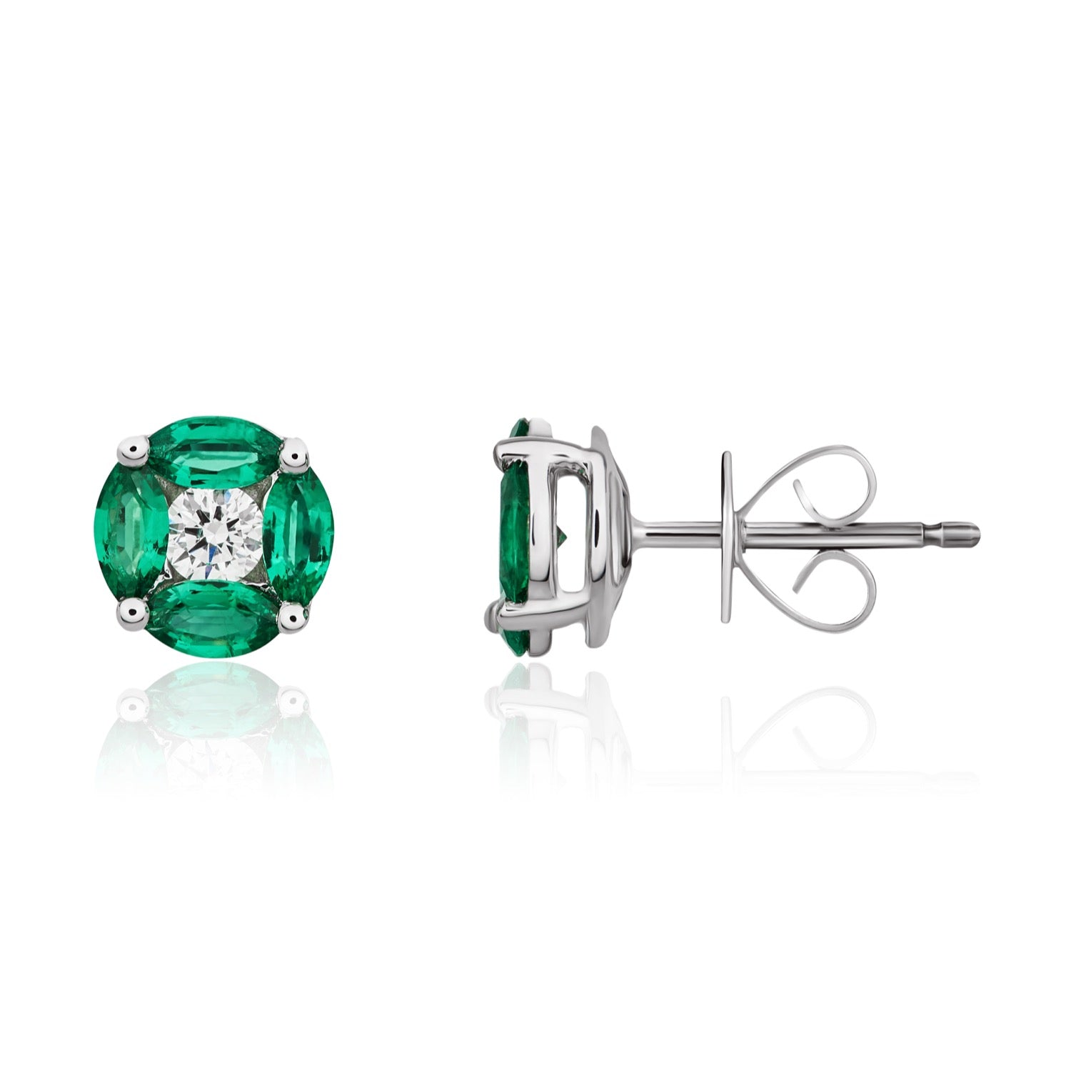 18ct White Gold Marquise Emerald and Round Diamond Cluster Earrings