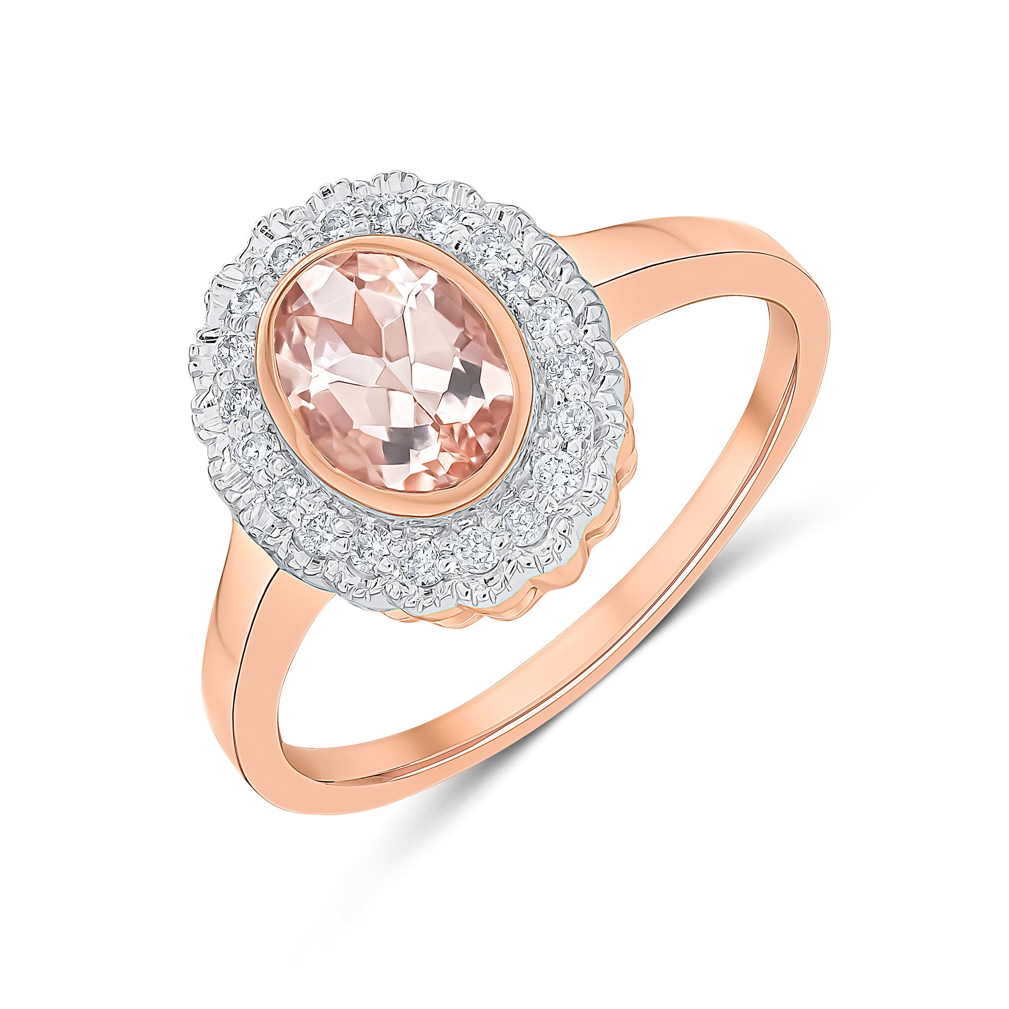 9CT ROSE GOLD RUBOVER OVAL MORGANITE AND MILLEGRAIN ROUND DIAMOND CLUSTER RING. RHODIUM TO DIAMONDS 1