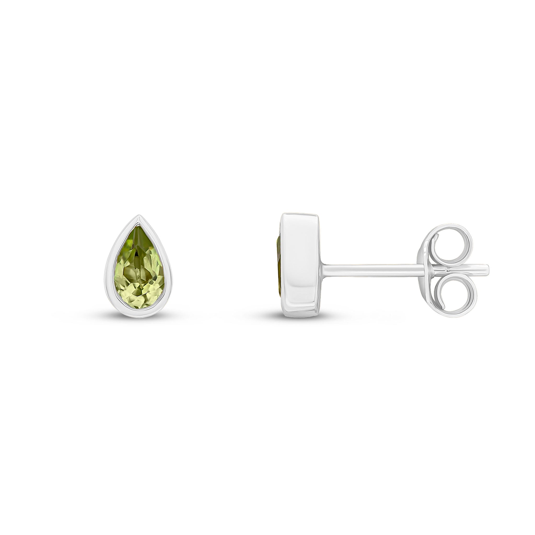 9ct White Gold 5x3 Pear Shape Peridot Rubover Set Earrings