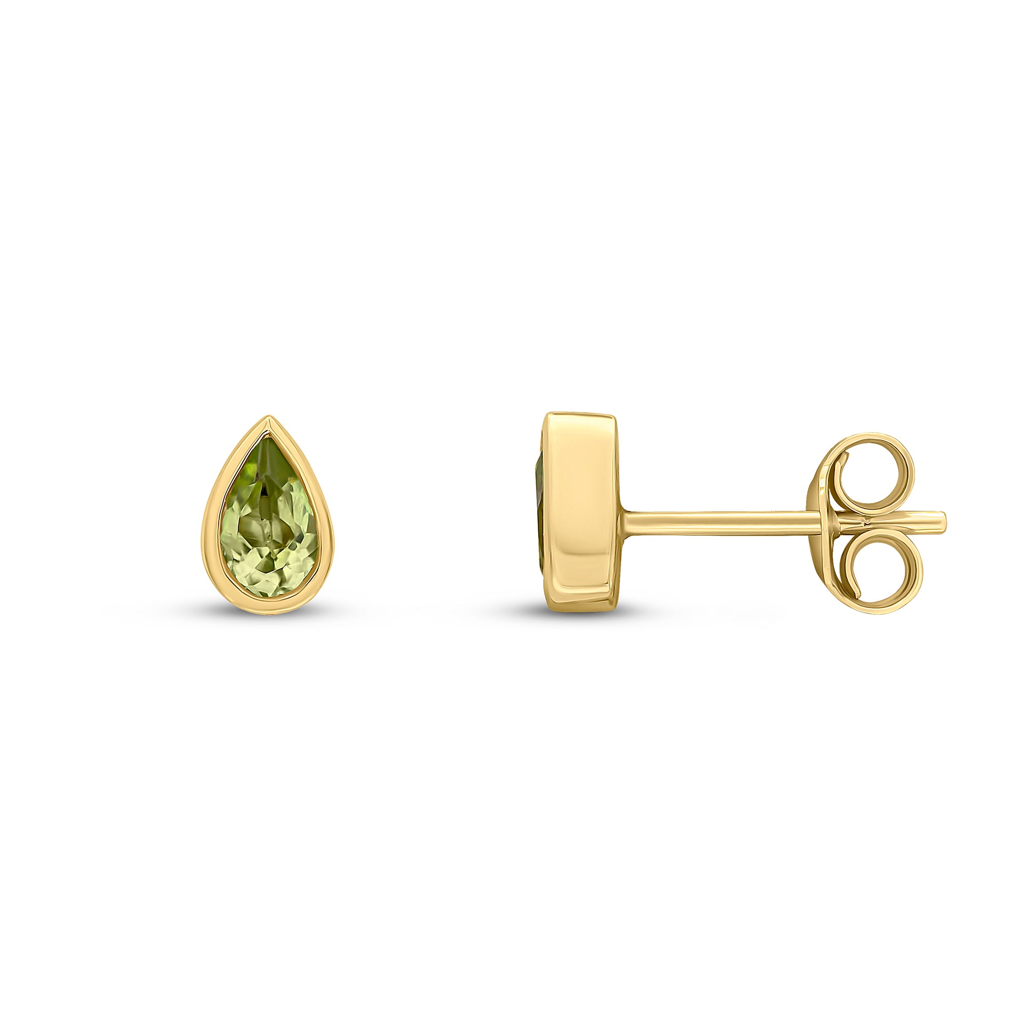 9ct Yellow Gold 5x3 Pear Shape Peridot Rubover Set Earrings