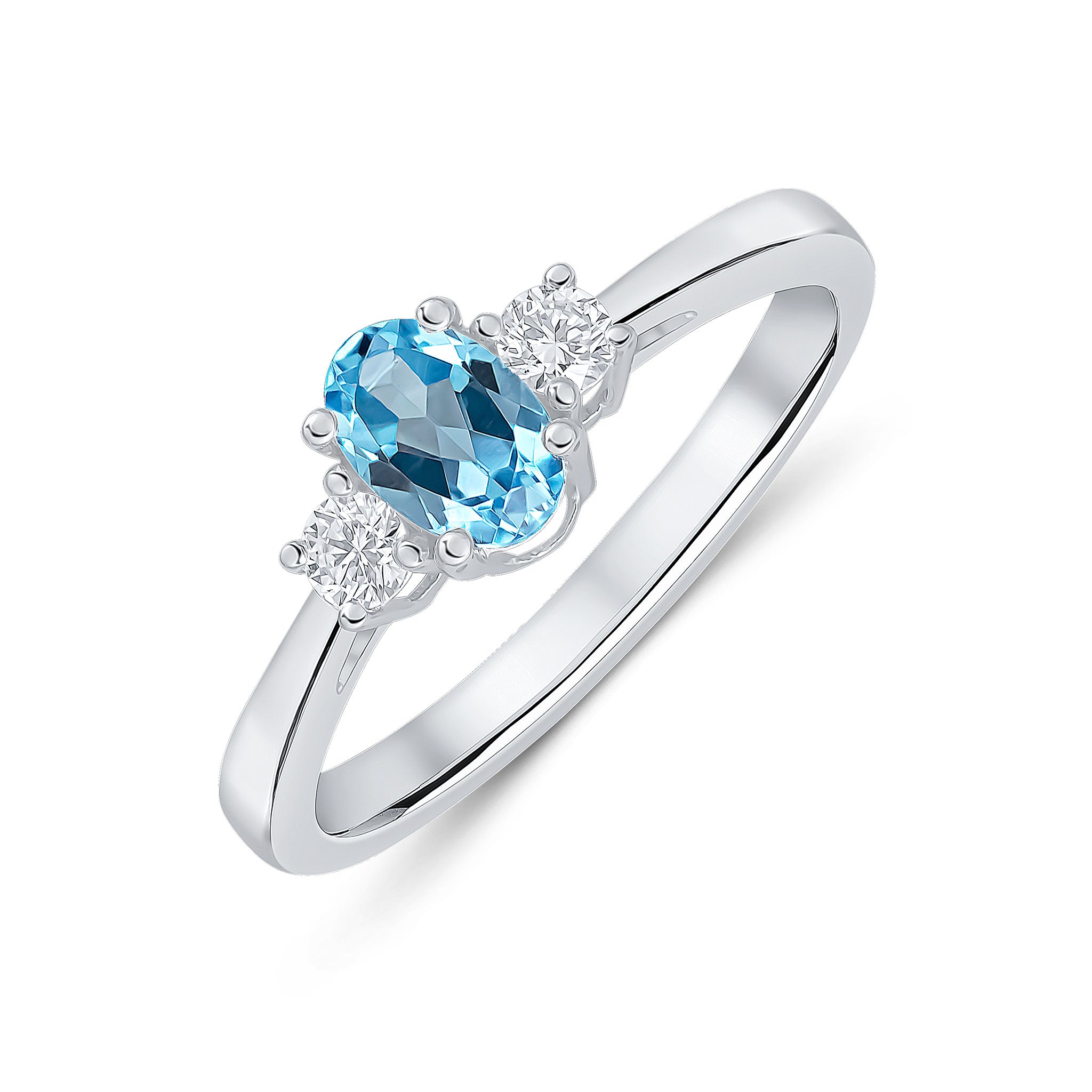 9CT WG 6X4 OVAL SWISS BLUE TOPAZ AND ROUND DIAMOND CLAW SET 3ST RING 1