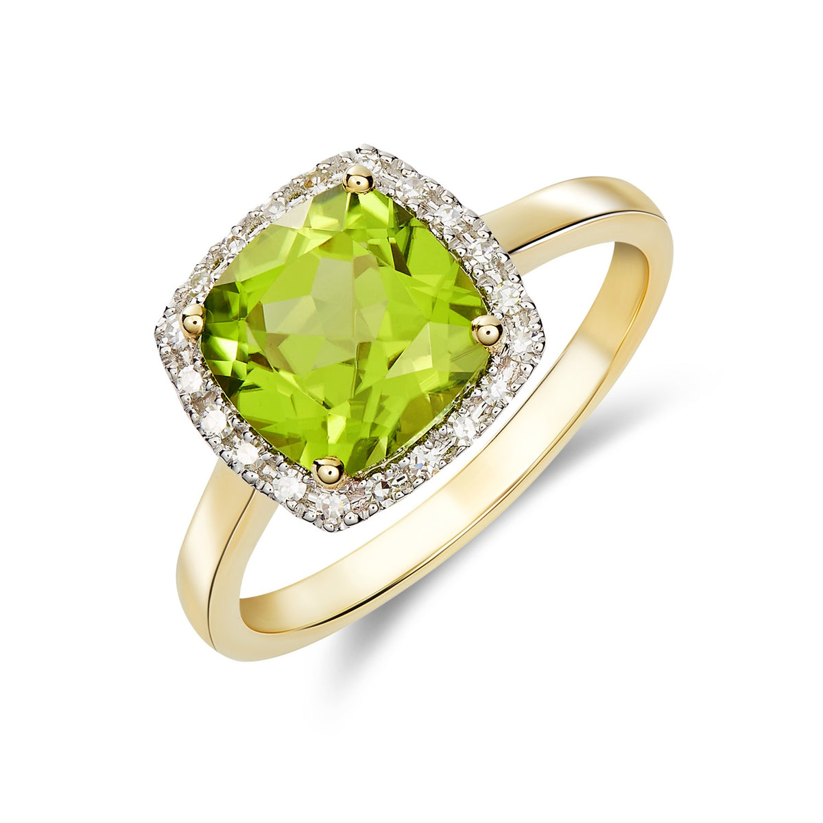 9ct Yellow Gold 8mm Cushion Peridot and Round Diamond Claw Set Cluster Ring Rhodium to Diamonds Currently Unavailable Due to Stone Shortage