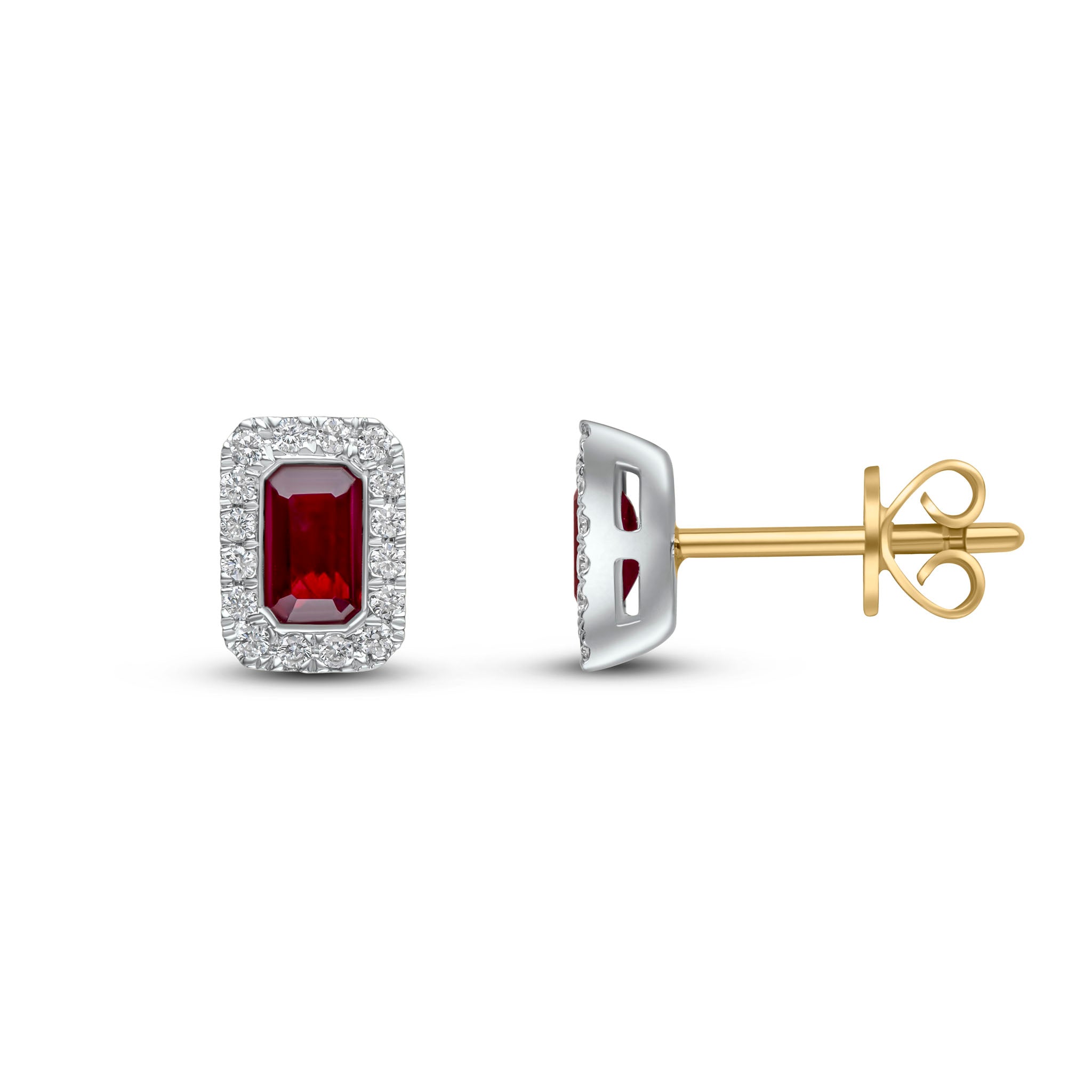 18ct Ywg 5x3 Octagon Ruby & Diamond Cluster Earrings with Yellow Gold Peg and Scroll Fittings
