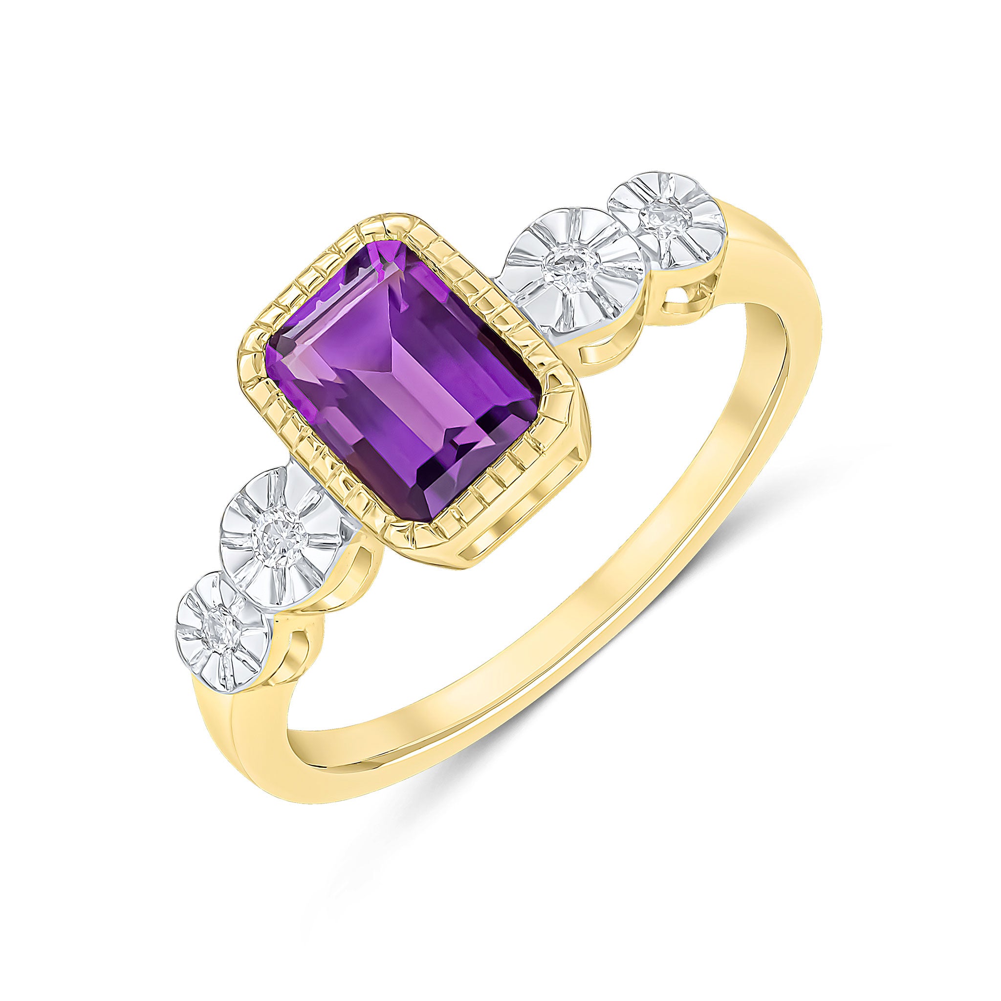 9ct Yellow Gold Milgrain Octagon Amethyst and Illusion Diamond 2 Stone Shoulders Ring