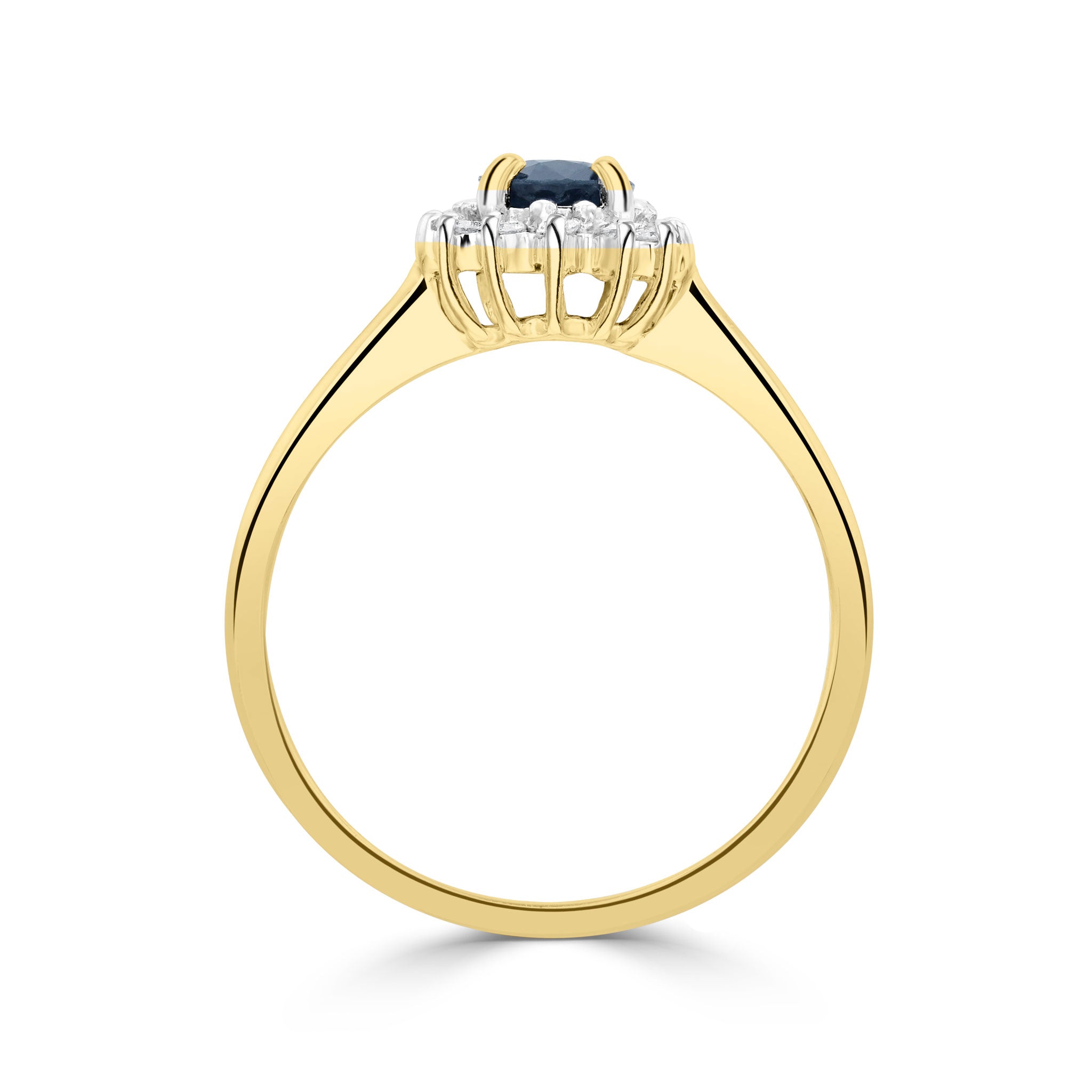 9CT YG 7X5 OVAL SAPPHIRE & DIAMOND CLAW SET CLUSTER RING. RHODIUM TO DIAMONDS 1