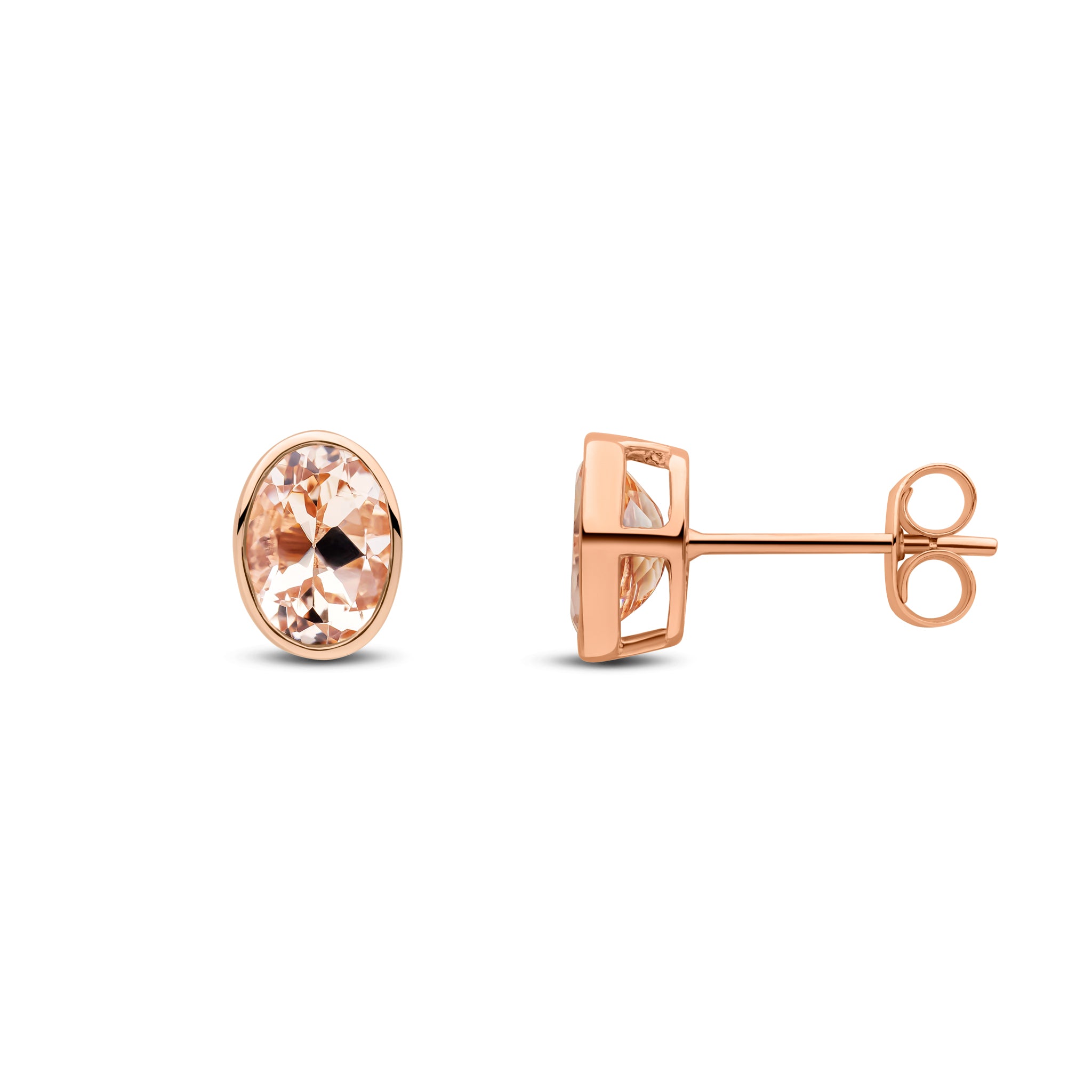 9ct rose gold 7 x 5mm oval morganite rubover Earstuds