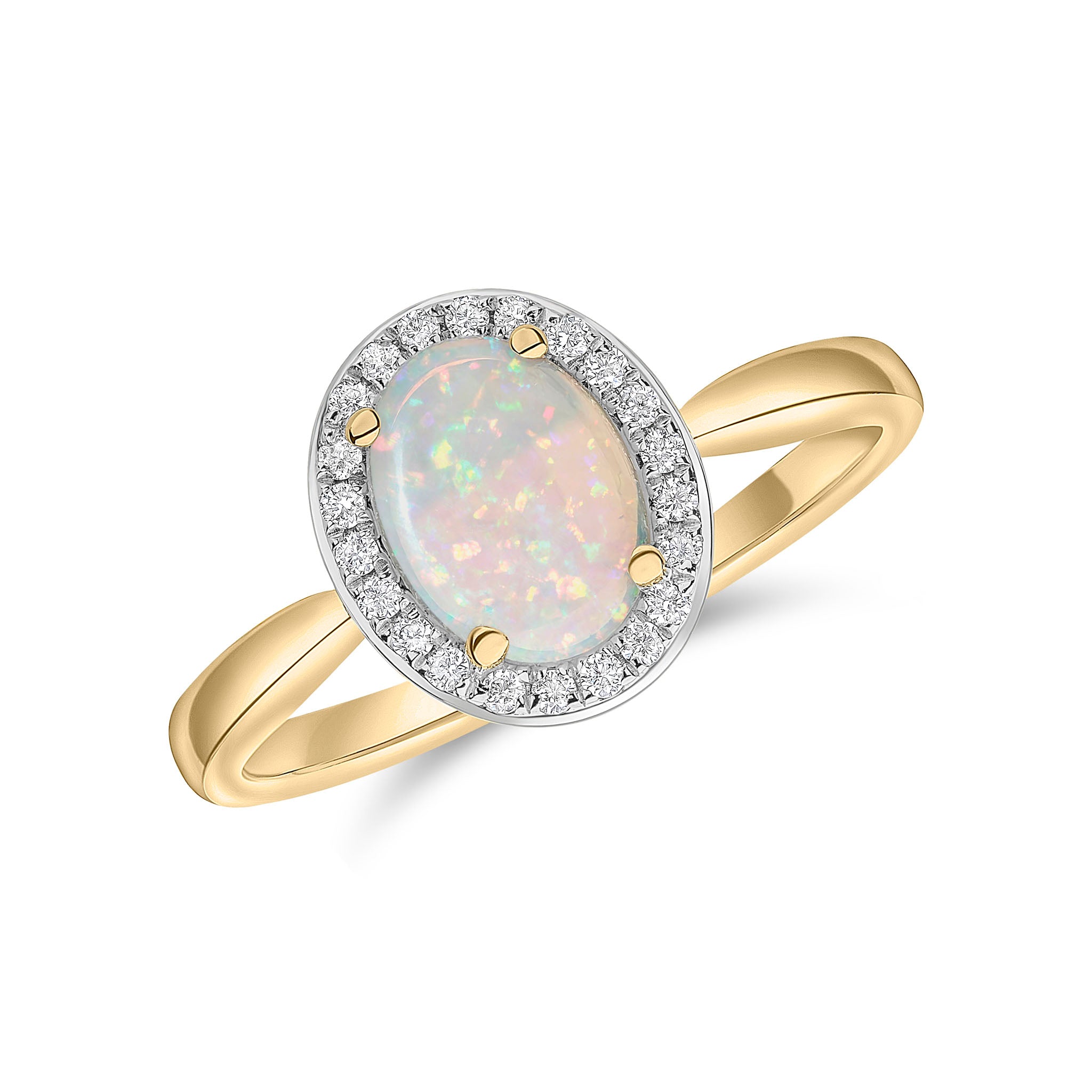 18ct Yellow Gold 8x6 Oval Opal and Round Diamond Cluster Ring Rhodium to Diamonds