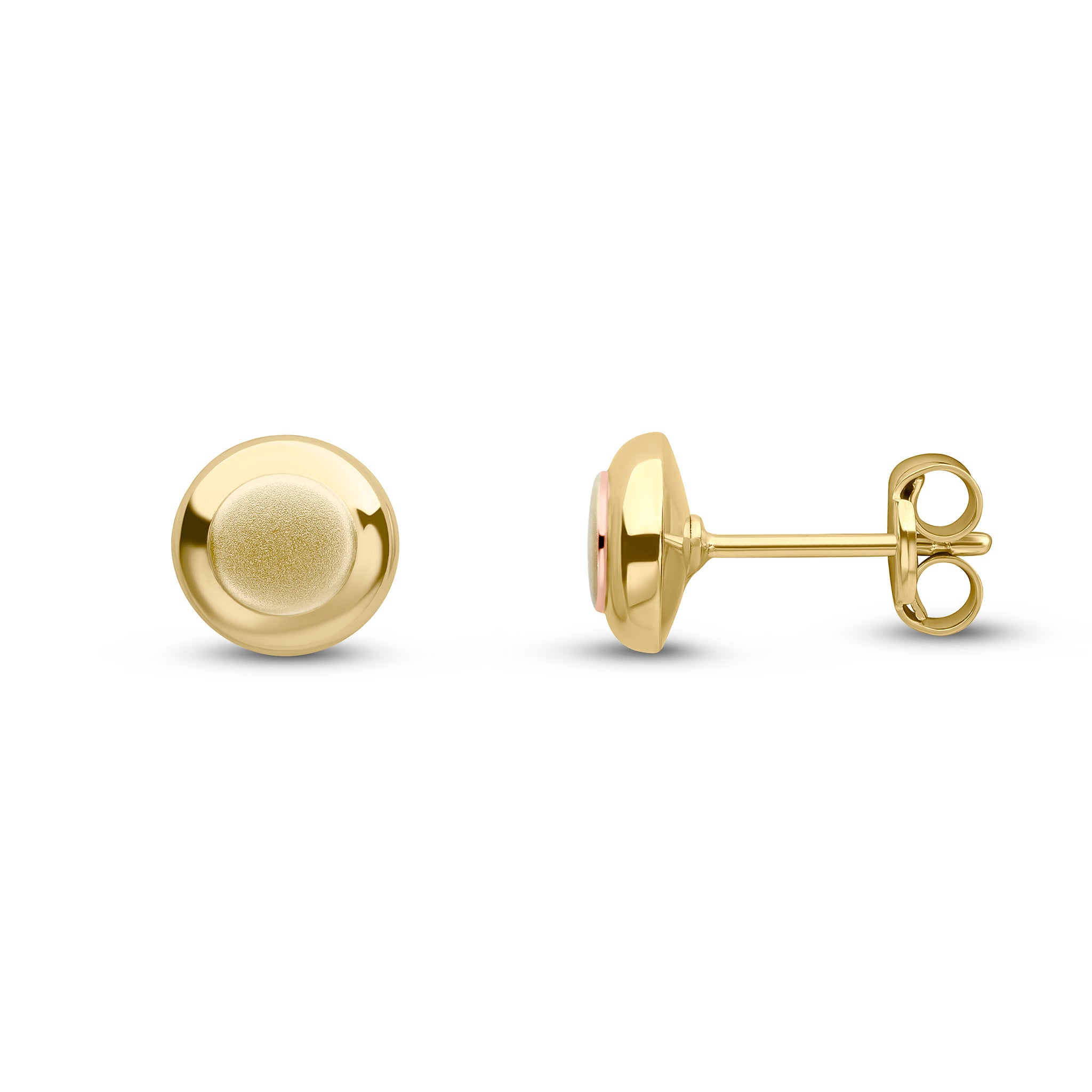 9ct Yellow Gold Round Polished Finish Stud Earrings With Satin Fini
