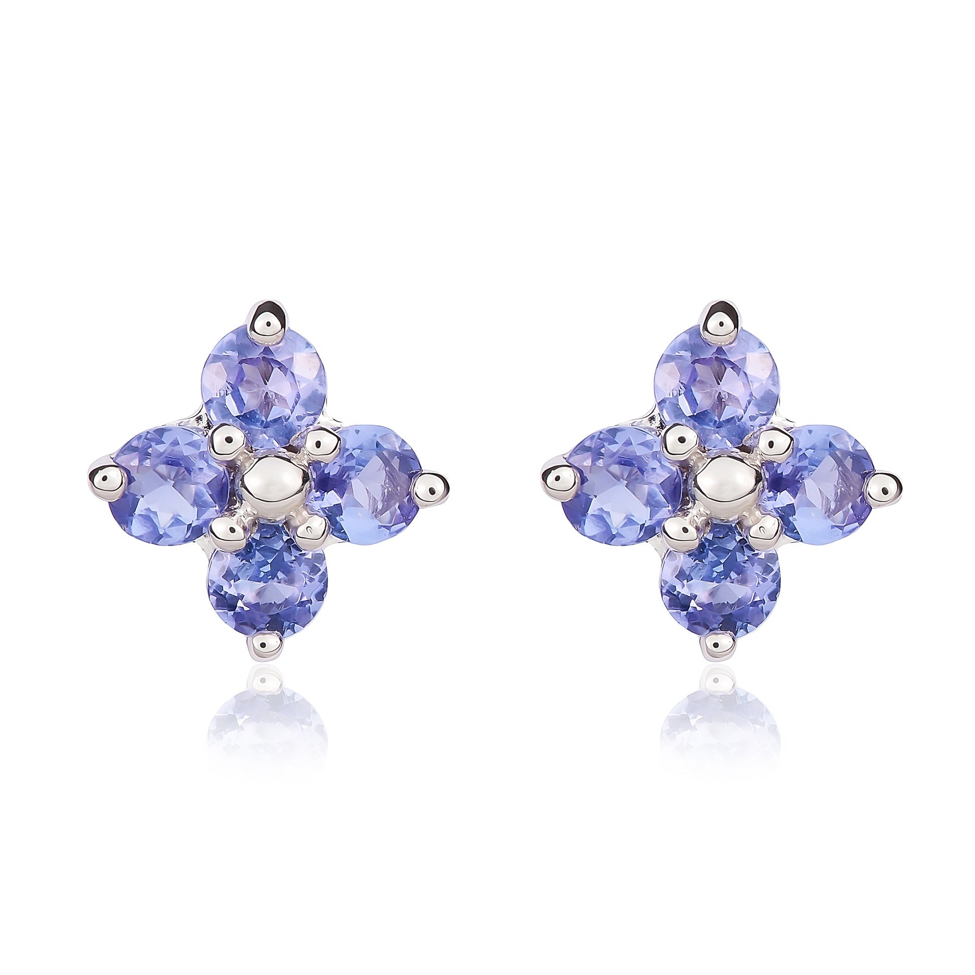 9ct White Gold Round Tanzanite Quatrefoil Claw Earrings