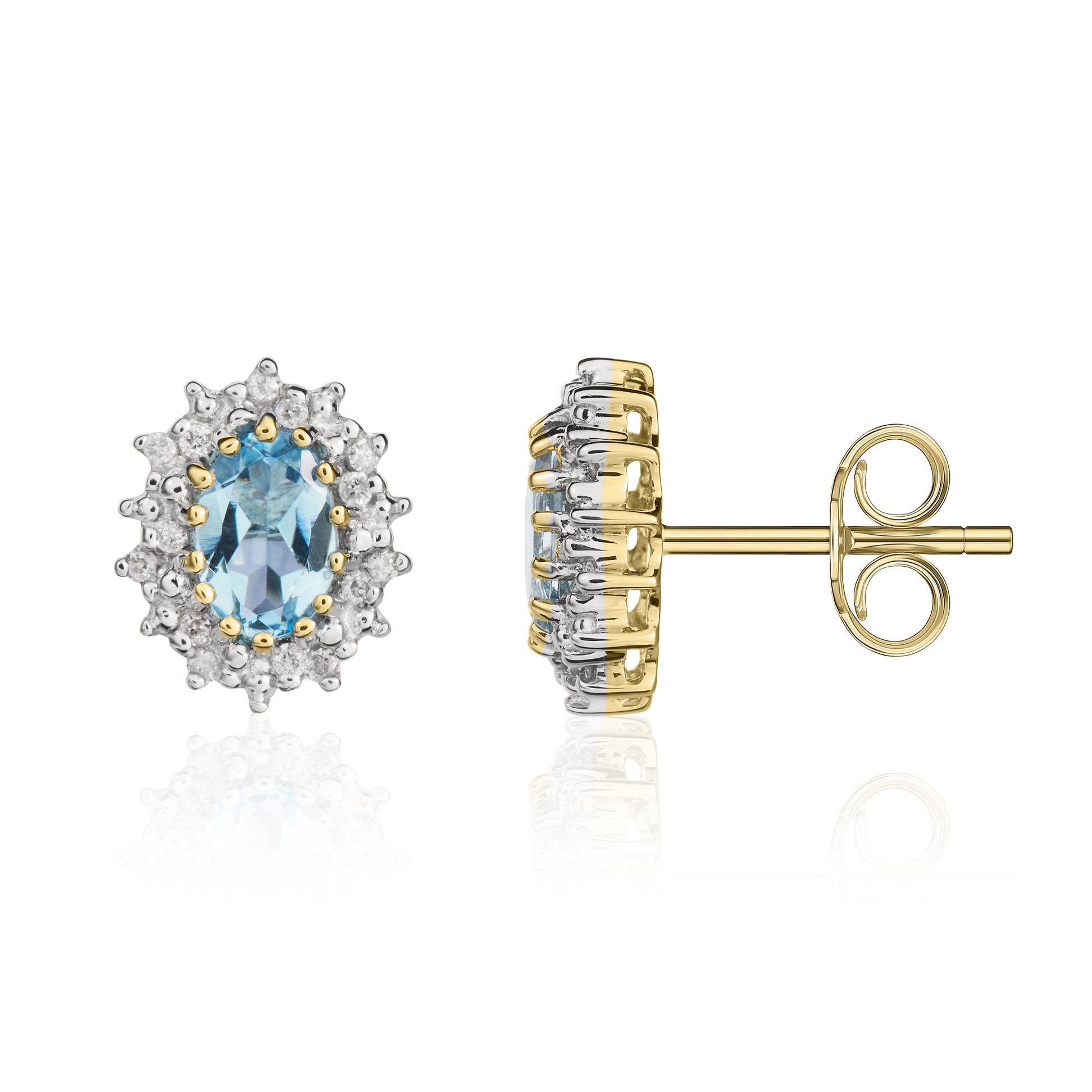 9ct Yellow Gold 6x4 Oval Aquamarine and Diamond Claw Cluster Earrings Rhodium to Diamonds