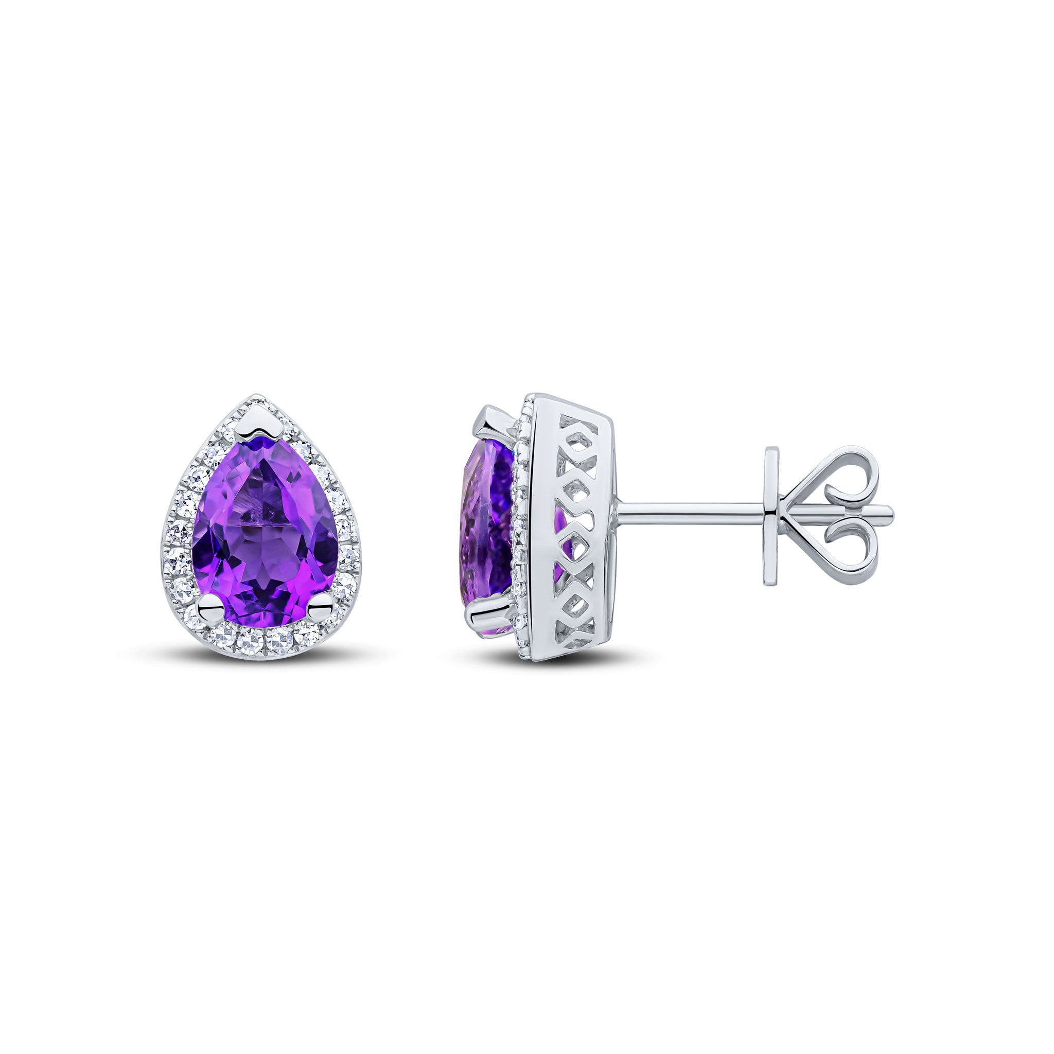 9ct White Gold Pear Ame & Diamond Cluster Er