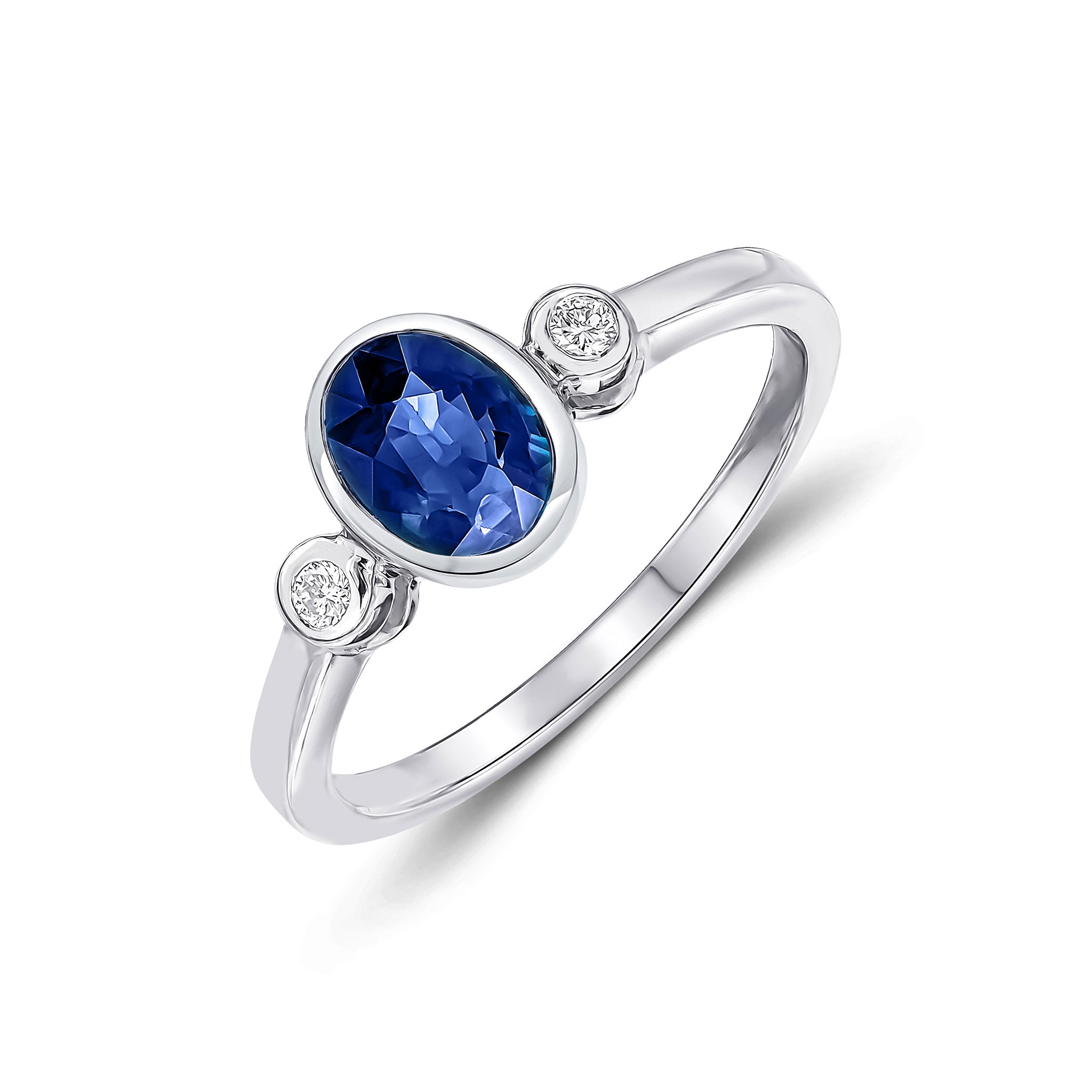9ct White Gold 7x5 Oval Sapphire and Round Diamond 3 Stone Rubover Ring