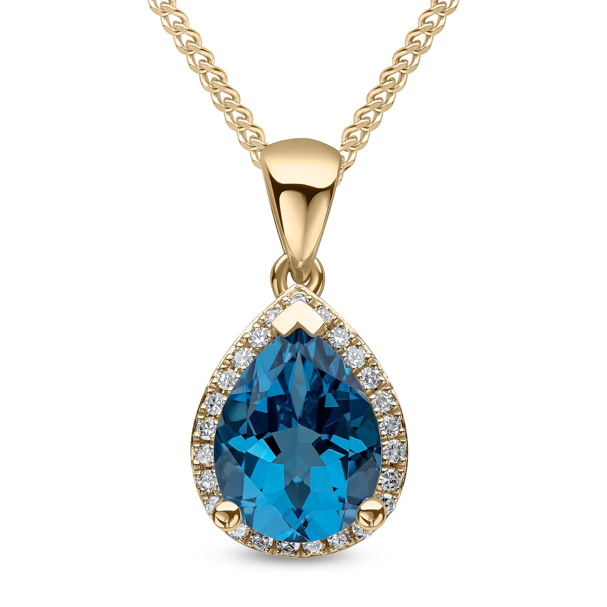 9ct Yellow Gold 9x7 Pear Shape London Blue Topaz and Diamond Claw Cluster Pendant