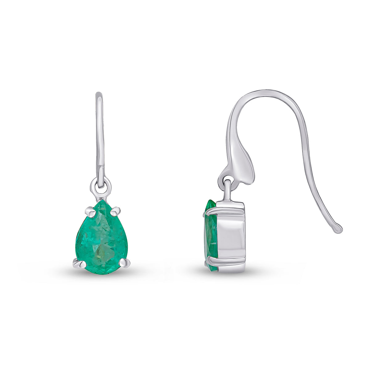 9ct White Gold 7x5mm Pear Shape Emerald Claw Set Wire Hook Drop Earrings