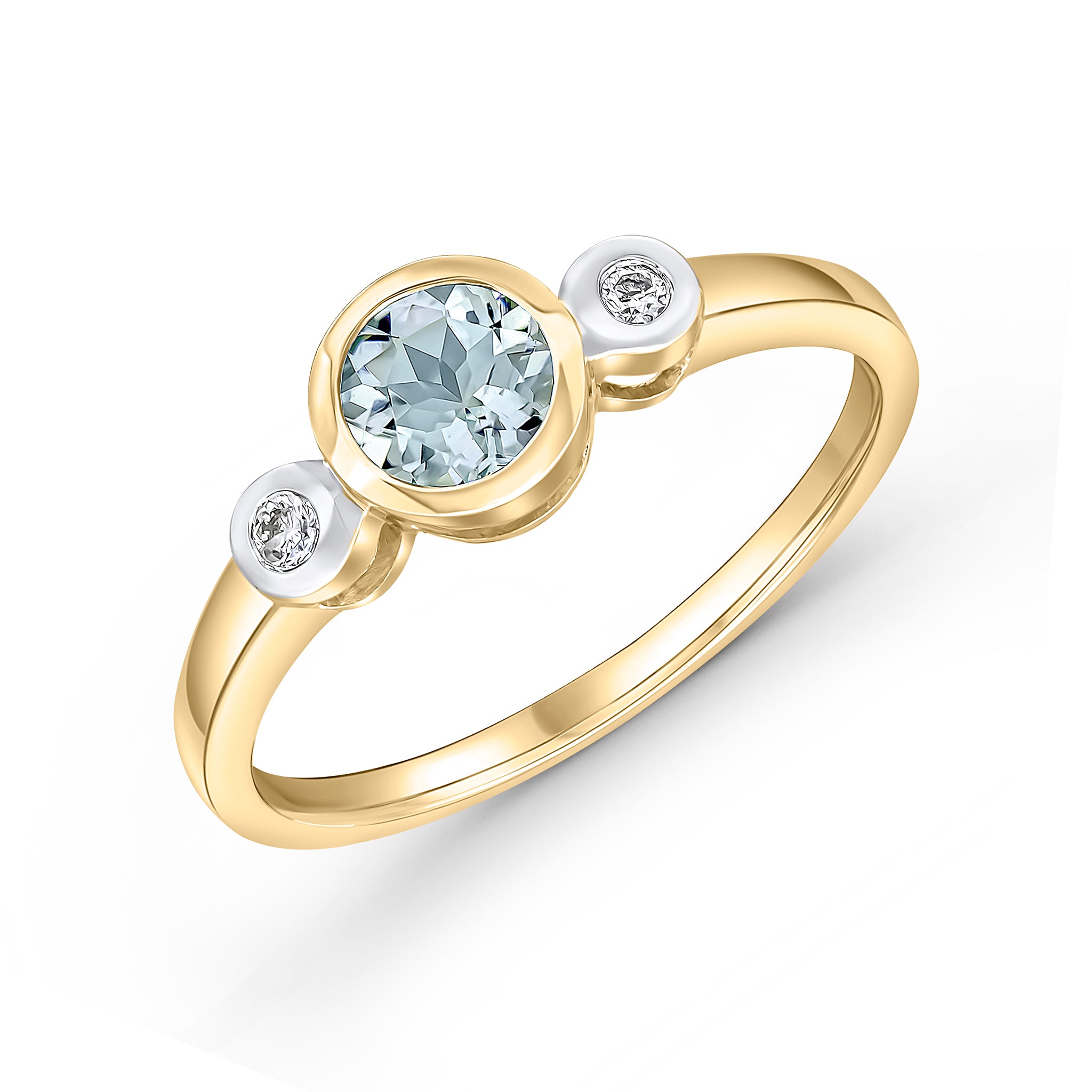 9ct Yellow Gold 5mm Round Aquamarine and Round Diamond 3 Stone Rubover Ring Rhodium to Diamonds