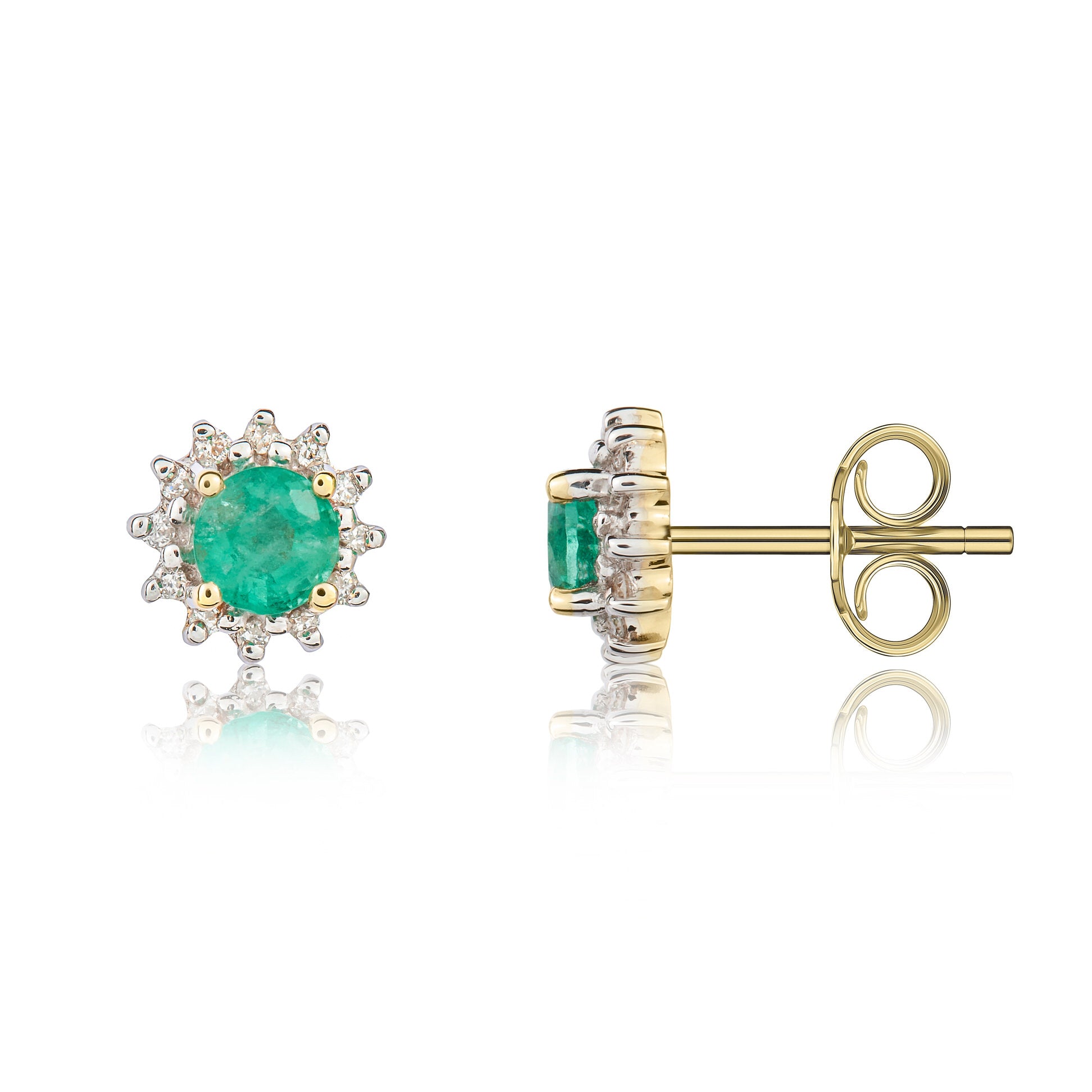 9ct Yellow Gold 4mm Round Emerald and Diamond Claw Cluster Earrings Rhodium to Diamonds
