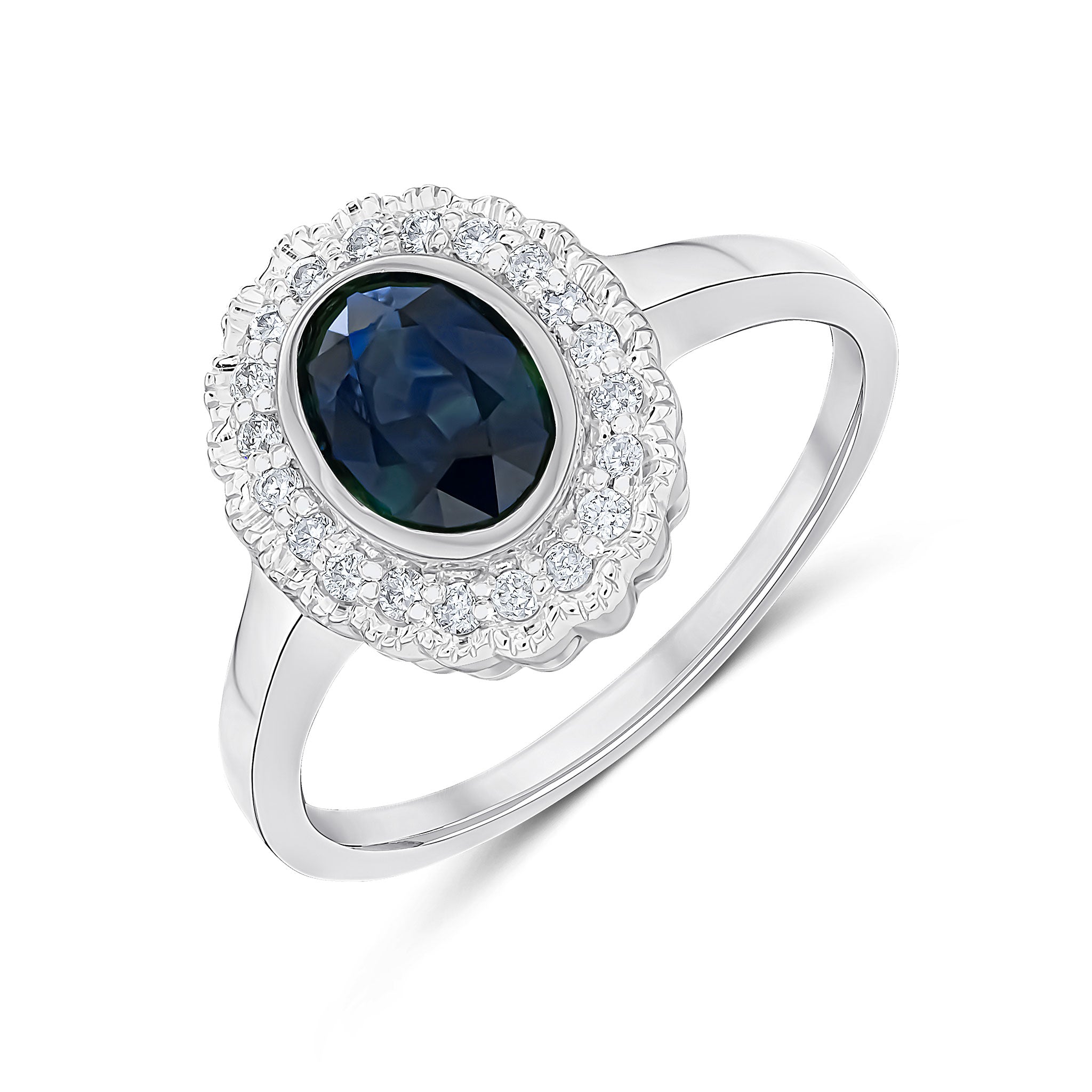 9ct White Gold Rubover Oval Sapphire and Milgrain Round Diamond Cluster Ring