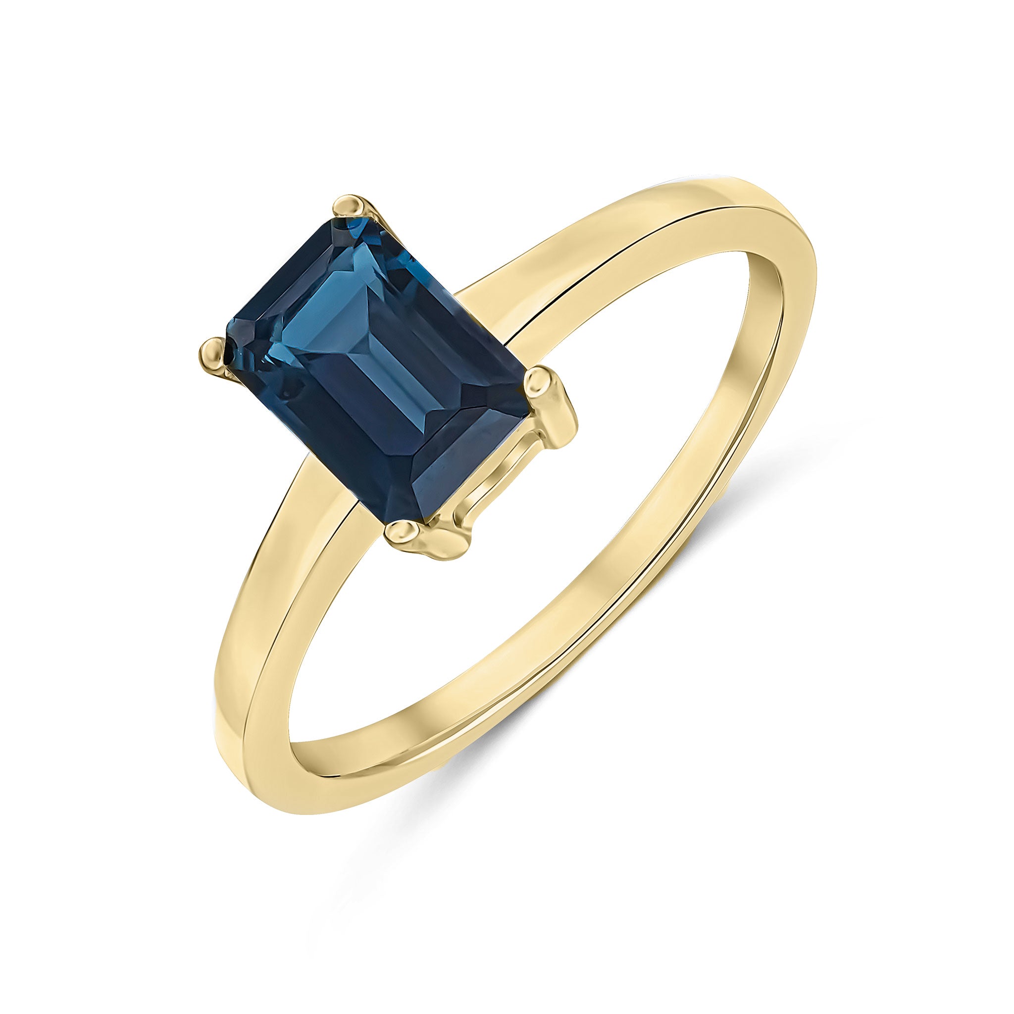 9CT YG 7X5MM OCTAGON LONDON BLUE TOPAZ CLAW SET SINGLE STONE RING 1