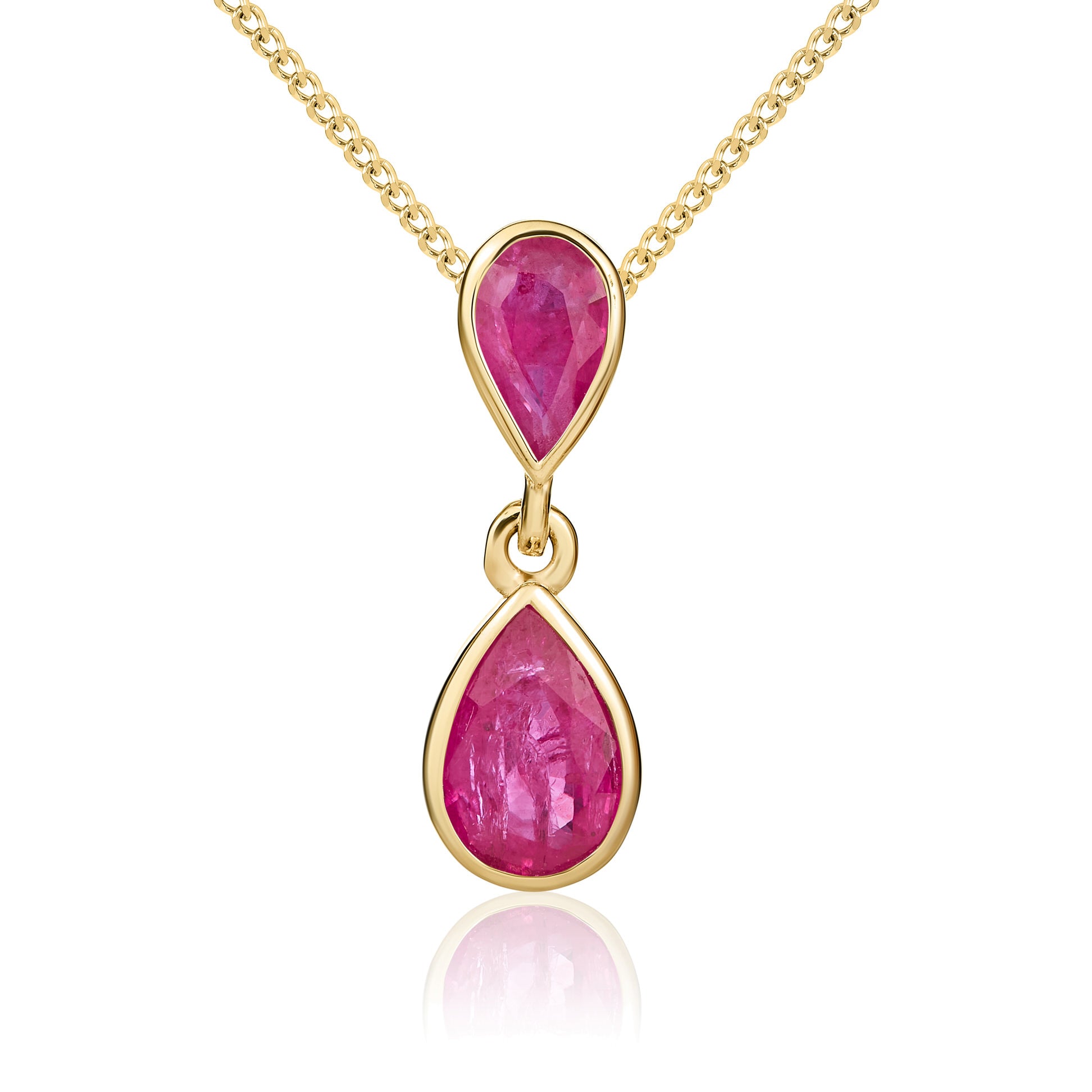 9ct Yellow Gold Pear Shaped Ruby Rubover Double Drop Pendant