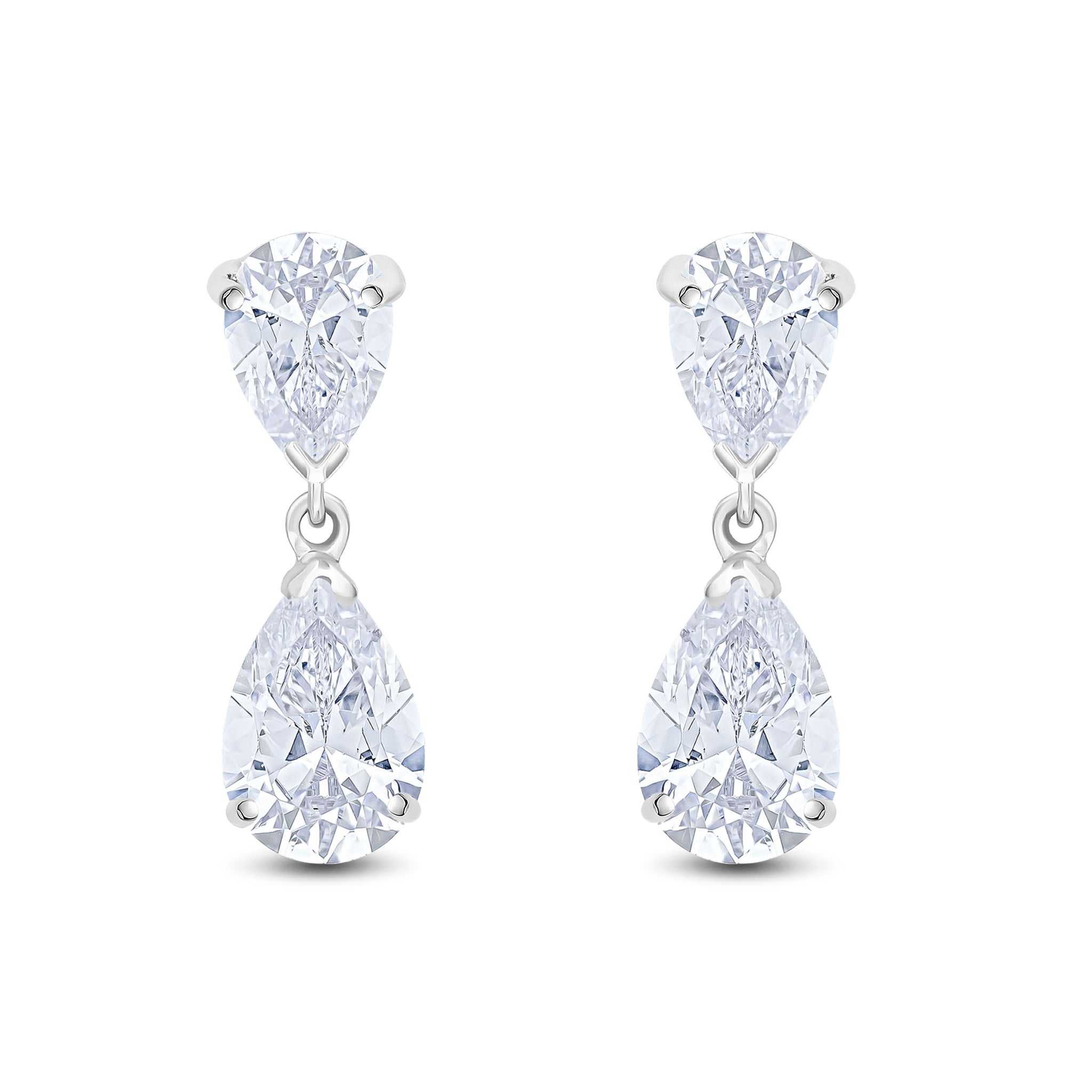 9ct White Gold Pear Shape CZ 2 Stone Claw Set Drop Earrings