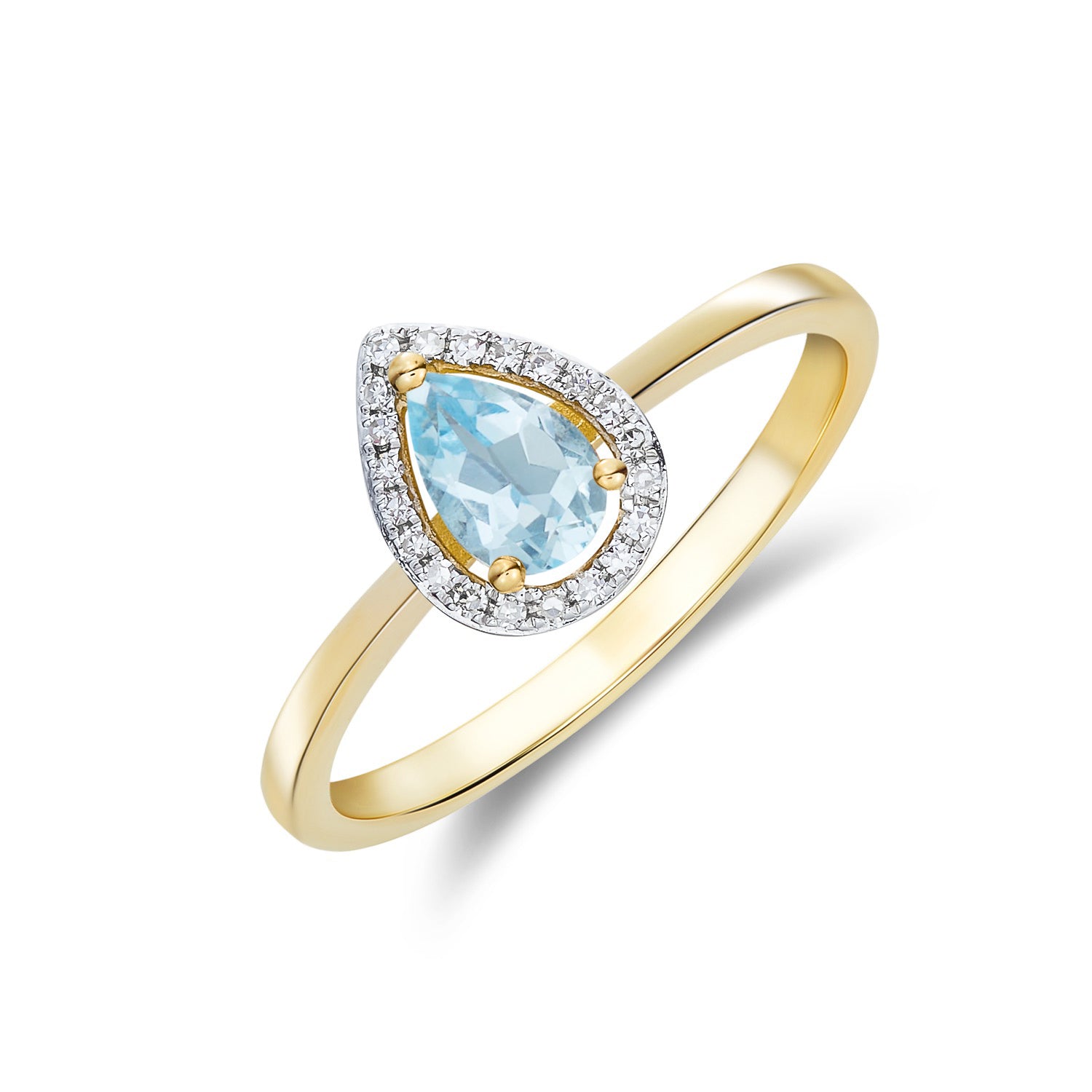 9ct Yellow Gold 6x4 Pear Shape Aquamarine & Diamond Halo Claw Cluster Ring